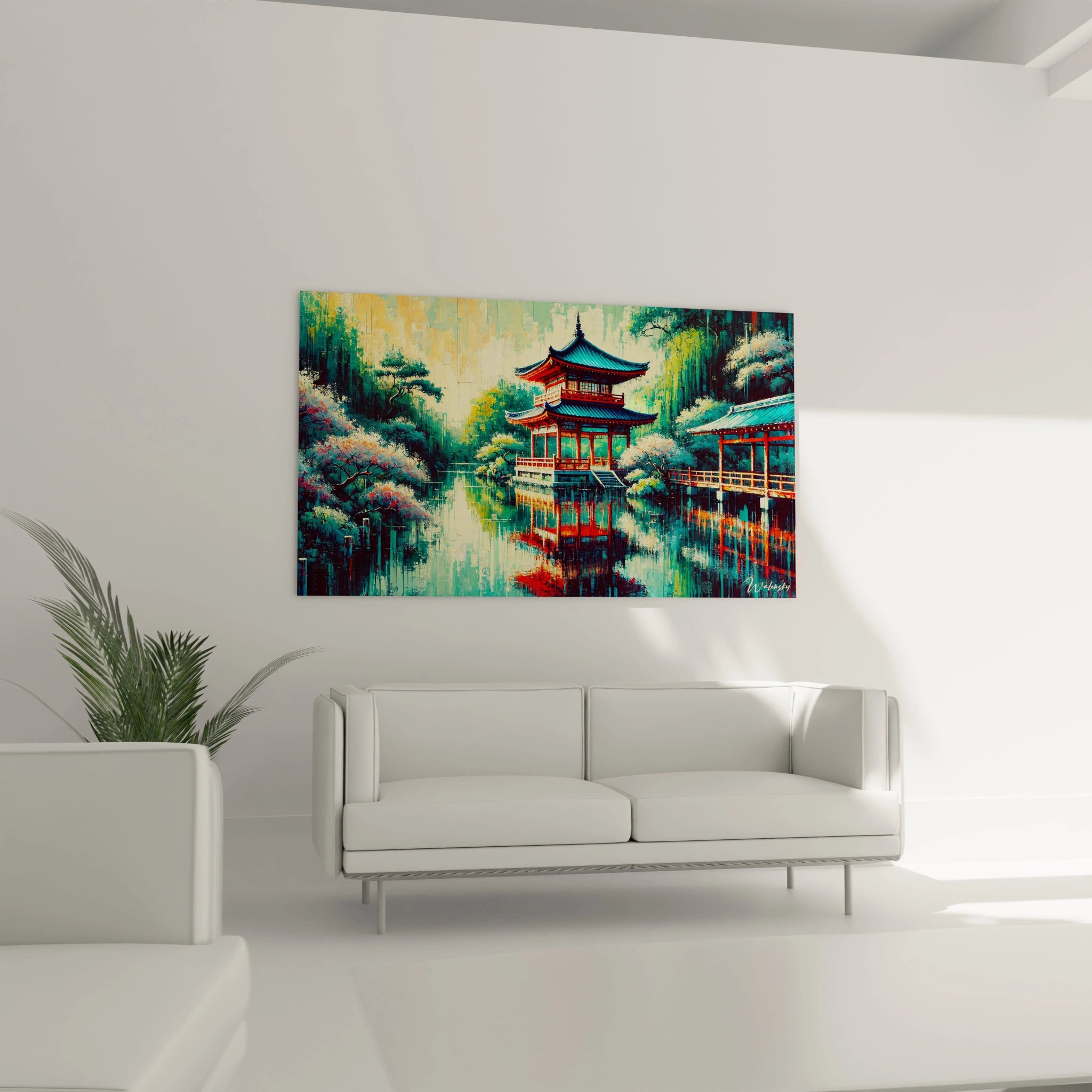 Dans un salon au-dessus du canapé, ce tableau japonais crée une atmosphère zen, avec des cerisiers roses, des reflets d’eau bleutée et un pavillon rouge vibrant qui capte le regard.

