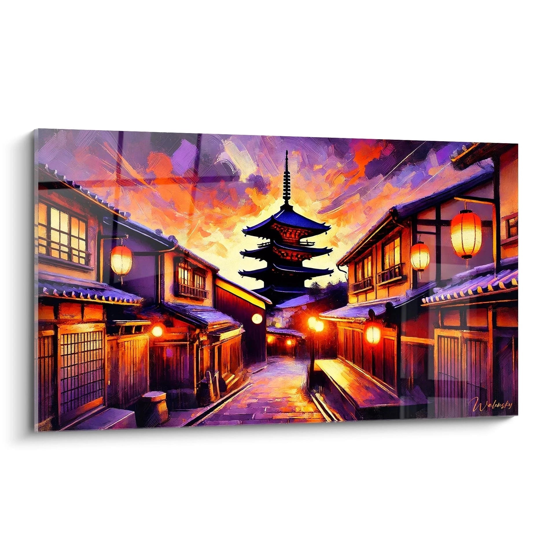 Tableau japonais zen vu de biais aux tons violets et oranges, révélant une rue animée avec une pagode lointaine et des lanternes dansantes.

