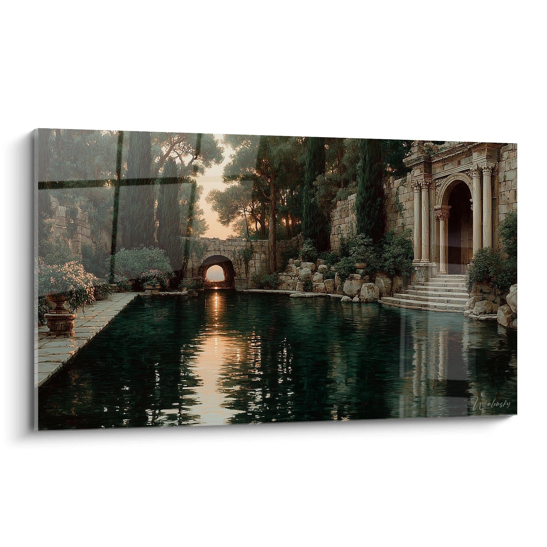 tableau mural jardin antique Walensky montrant un bassin réfléchissant, un arc en pierre, une colonnade et des cyprès