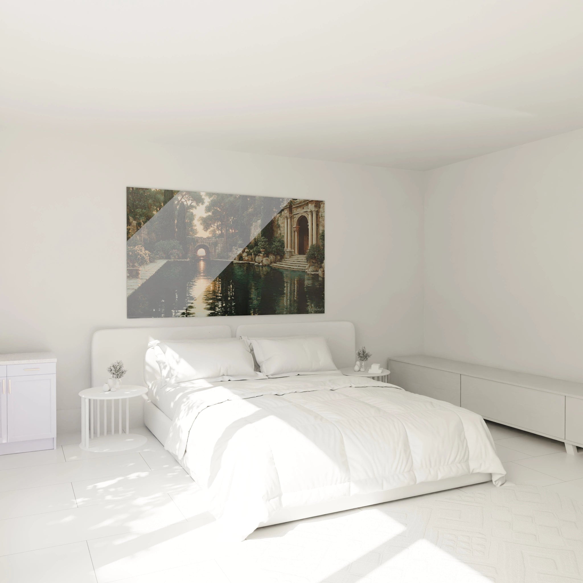tableau mural jardin antique Walensky accroché au-dessus d'un lit blanc moderne dans une chambre lumineuse