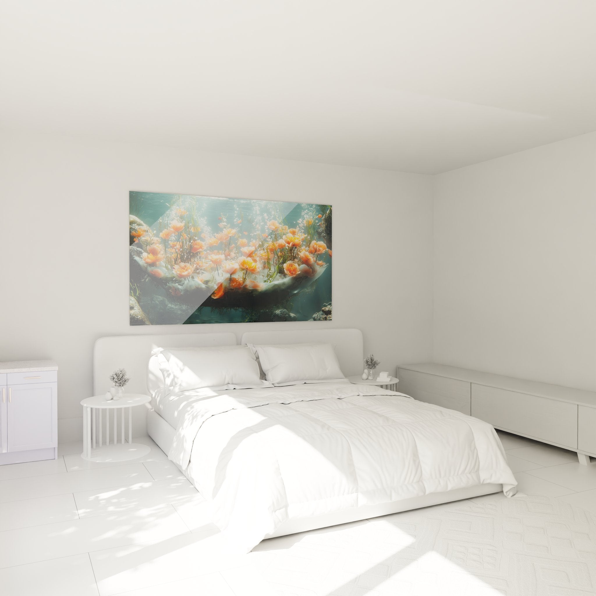 Ambiance chambre avec tableau mural jardin aquatique fleuri édition fonds marins décoratif