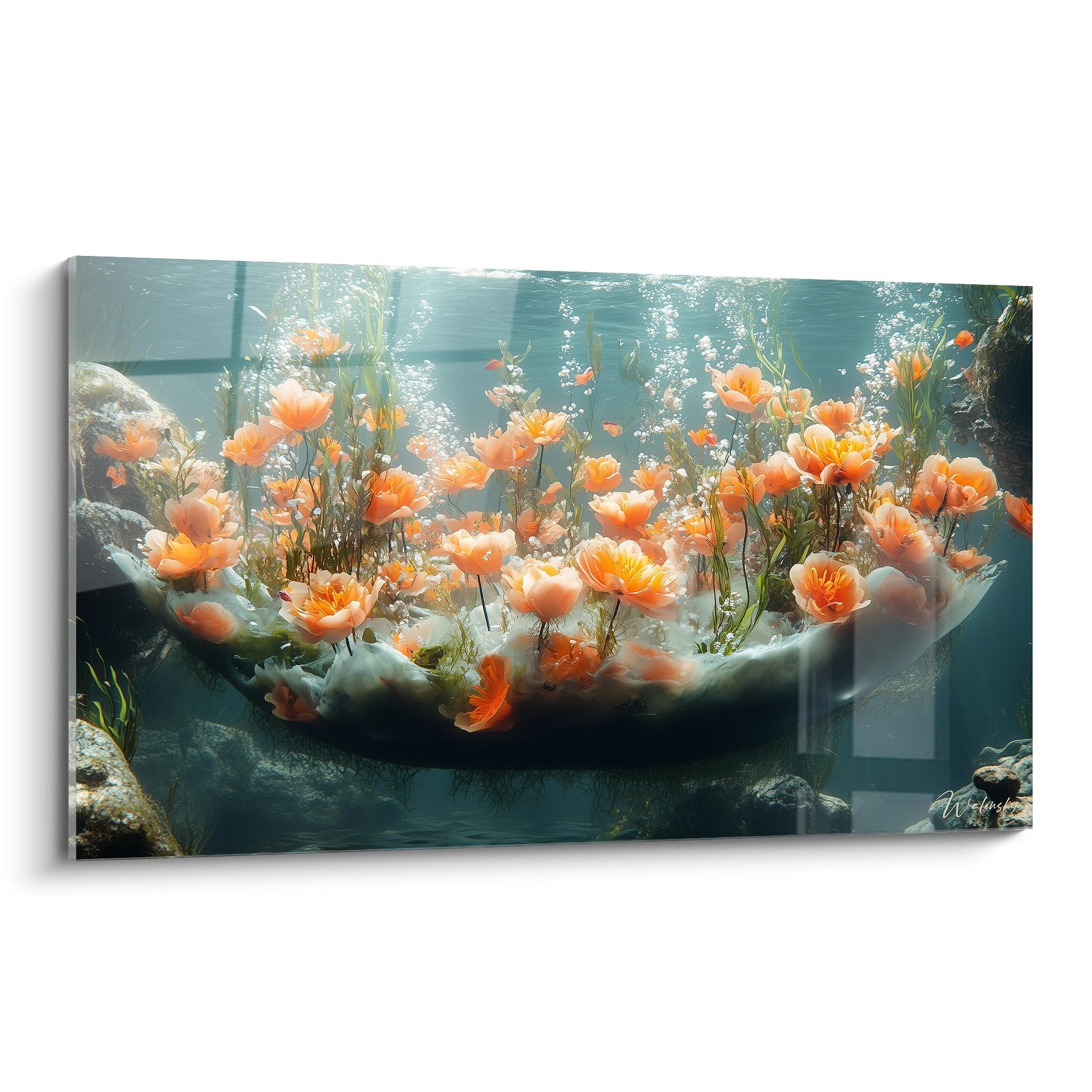 Tableau jardin aquatique fleuri avec fleurs orangées dans vase submergé aux fonds marins