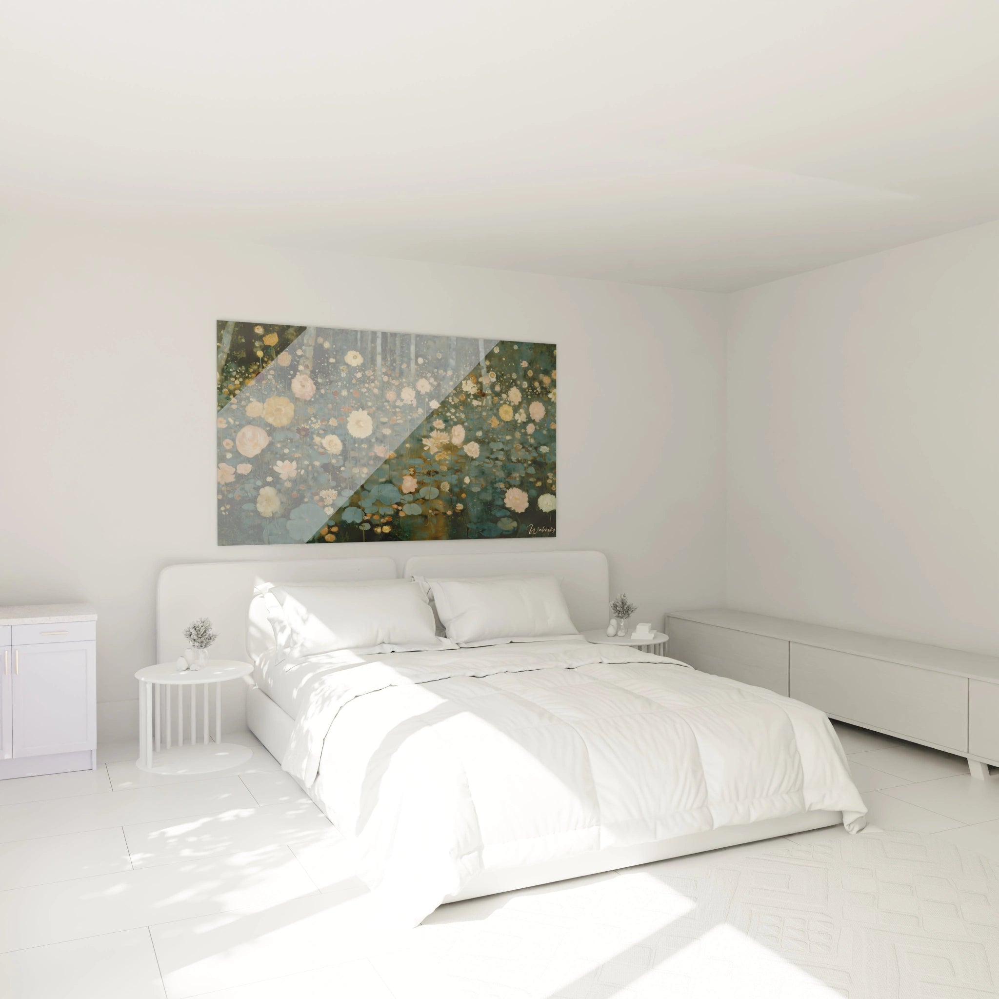 tableau symboliste jardin aquatique de Walensky accroché au dessus du lit blanc dans une chambre minimaliste et lumineuse