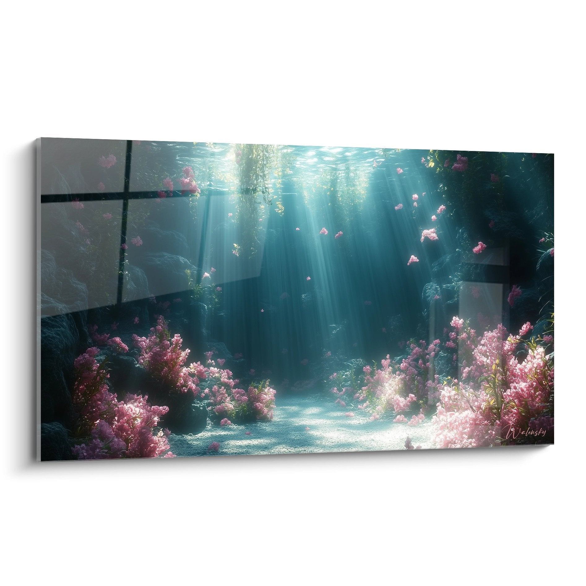 Tableau mural jardin aquatique submergé avec coraux roses et rayons de lumière sous-marine décoratifs