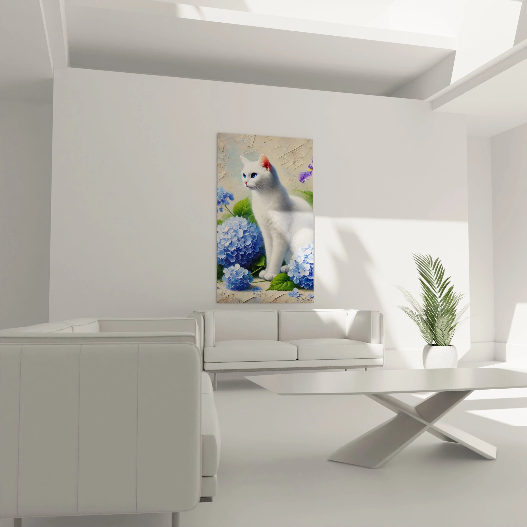 Accroché au mur du salon, ce tableau chat offre un contraste apaisant avec ses fleurs bleues et son chat blanc. Parfait pour créer une ambiance harmonieuse et poétique dans votre espace de vie.