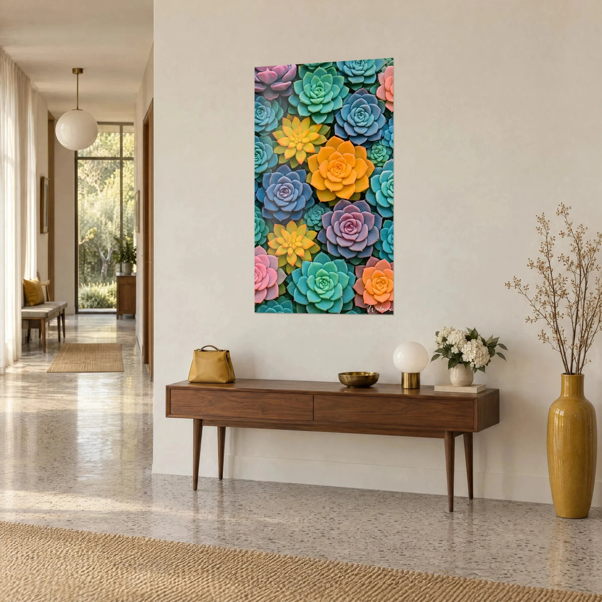 Wall art with a mosaic of powder pink and mint green succulent rosettes, hung beside a wooden console in a sunlit hallway