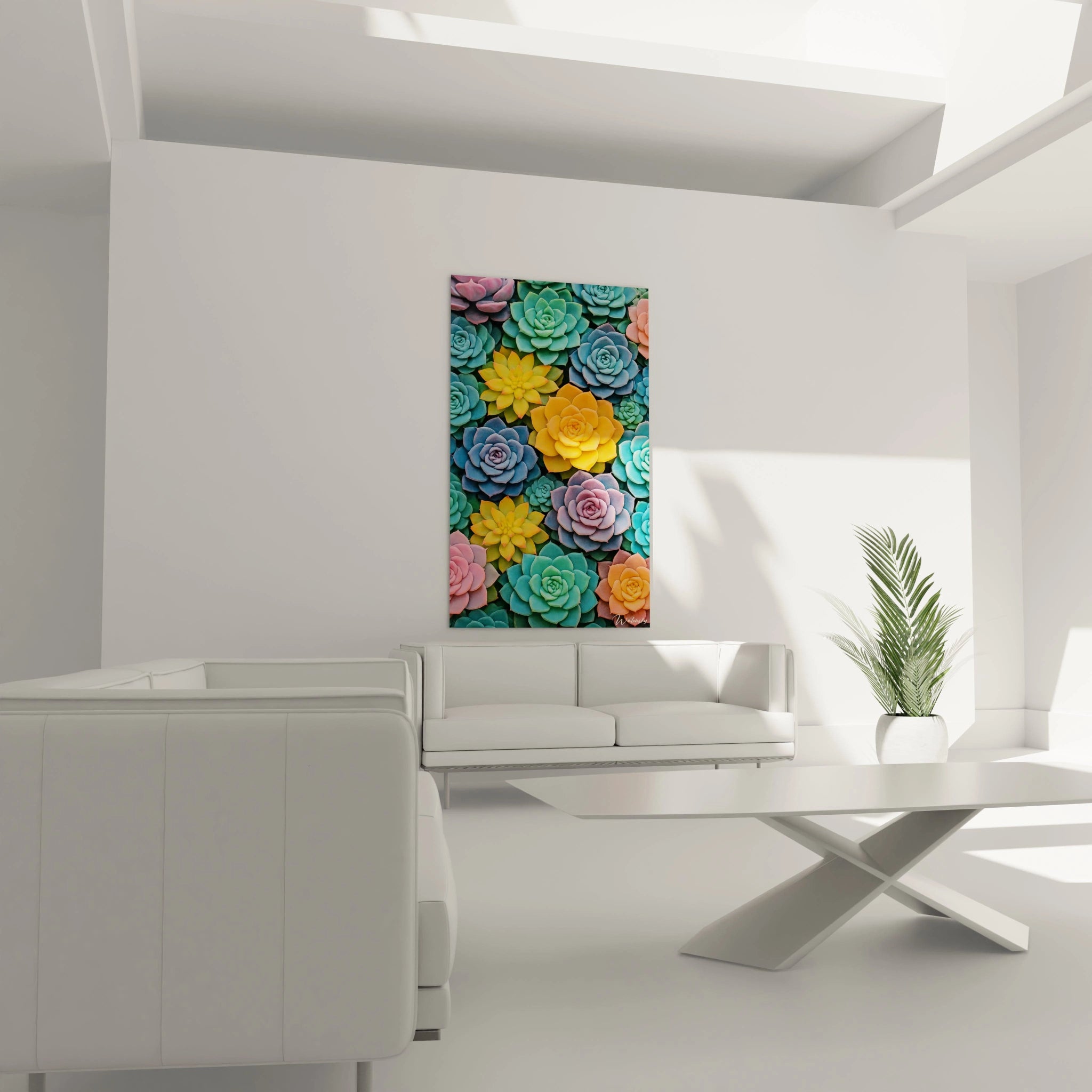 Un tableau succulentes offrant une vue rapprochée de plantes grasses aux formes circulaires et géométriques. La palette comprend des bleus turquoise, roses tendres et oranges chaleureux qui s'entremêlent dans une composition dense aux textures veloutées.

