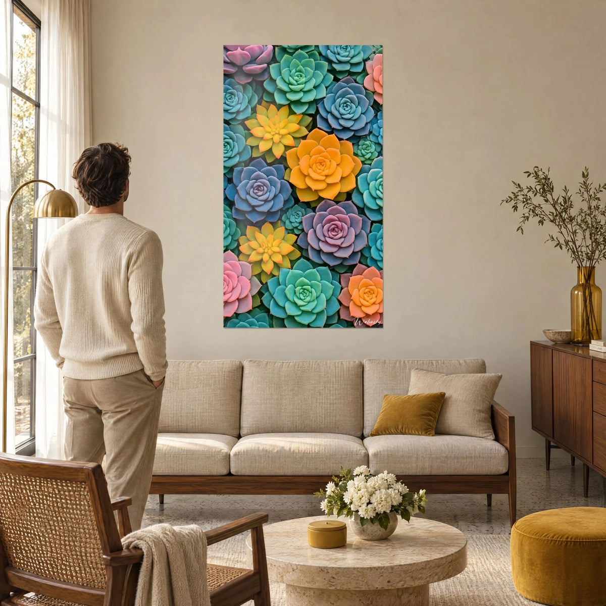 Wall art of succulents in orange rosettes and petrol blue, a man seen from behind admires it above a sofa in a bright living room