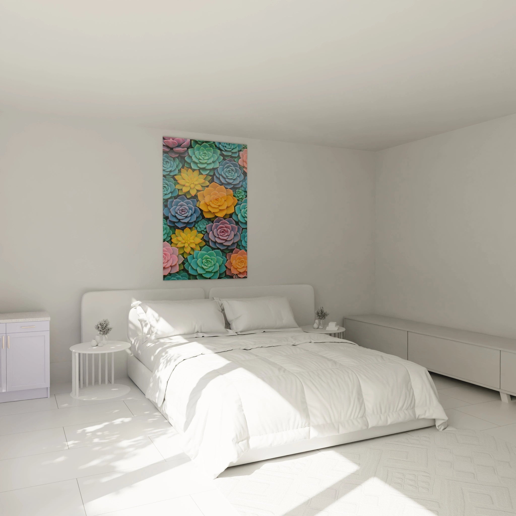 Un tableau succulentes montrant une mosaïque dense de plantes aux feuilles charnues disposées en rosettes symétriques. Les couleurs pastel bleu, rose et jaune-orange créent un contraste harmonieux sur toute la surface, avec des textures lisses aux reflets subtils.
