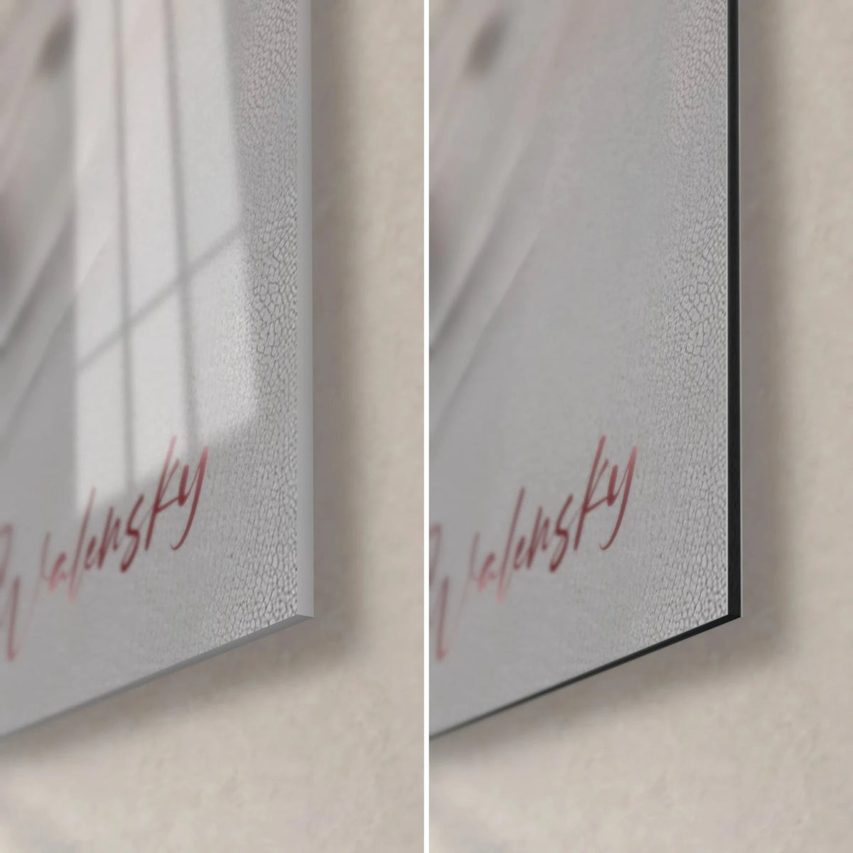 Wall art porcelain flowers in pink and ivory, bottom right corner: glossy acrylic glass with reflections on the left, matte grey Dibond on the right