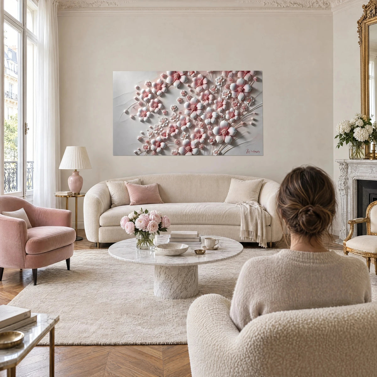 Wall art relief flower bouquet in powdered pink and ivory white, porcelain petals, above a sofa in a bright living room