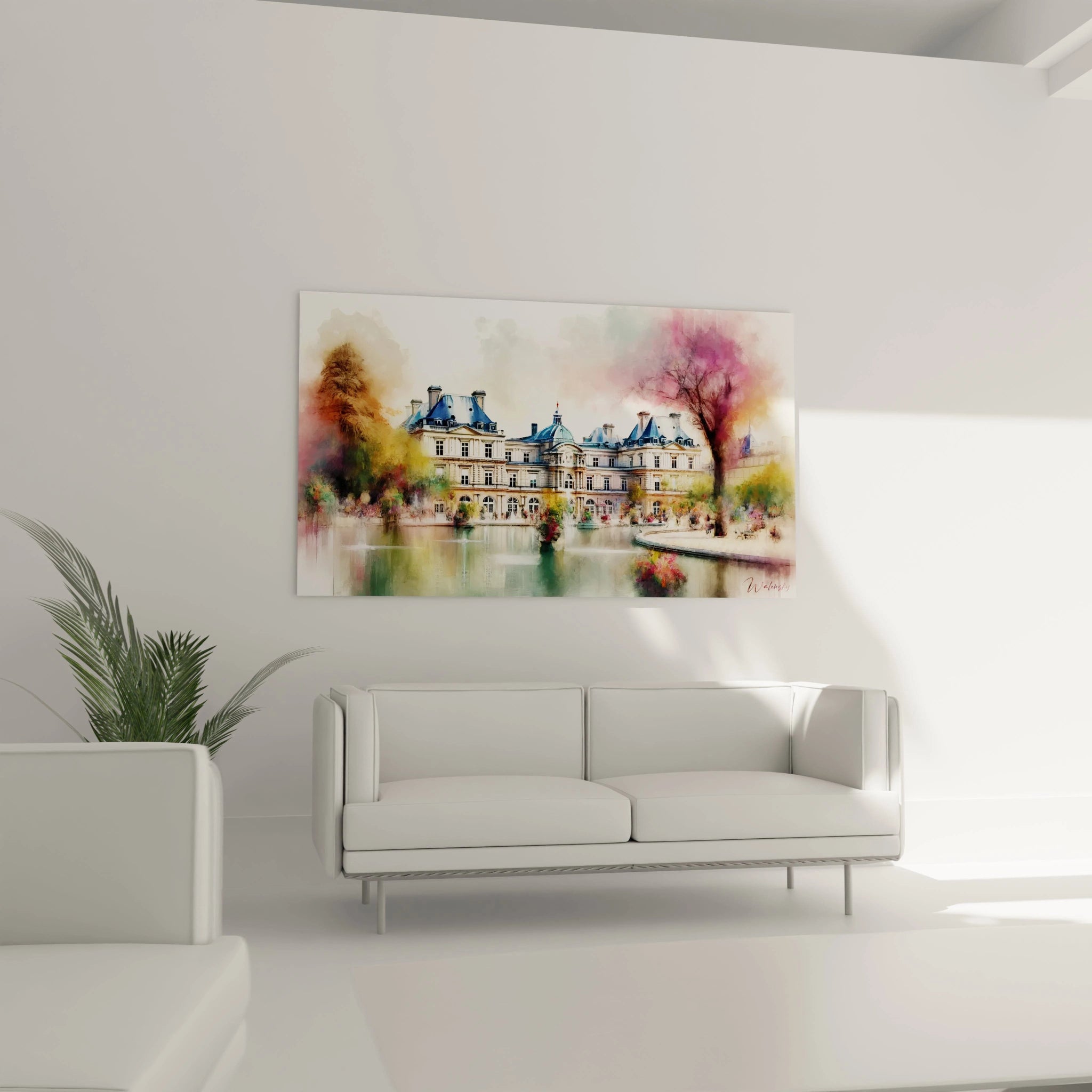 tableau Jardin du Luxembourg dans un salon illumine l’espace. Le vert délicat des arbres et le rose tendre des fleurs évoquent une promenade printanière au cœur d’un jardin parisien intemporel.

