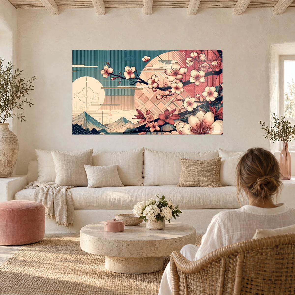 Gemälde blühender Kirschzweig in zartem Rosa vor cremefarbenem Mond und blaugrünem Himmel, eine Frau von hinten, über einem Sofa in einem hellen Wohnzimmer