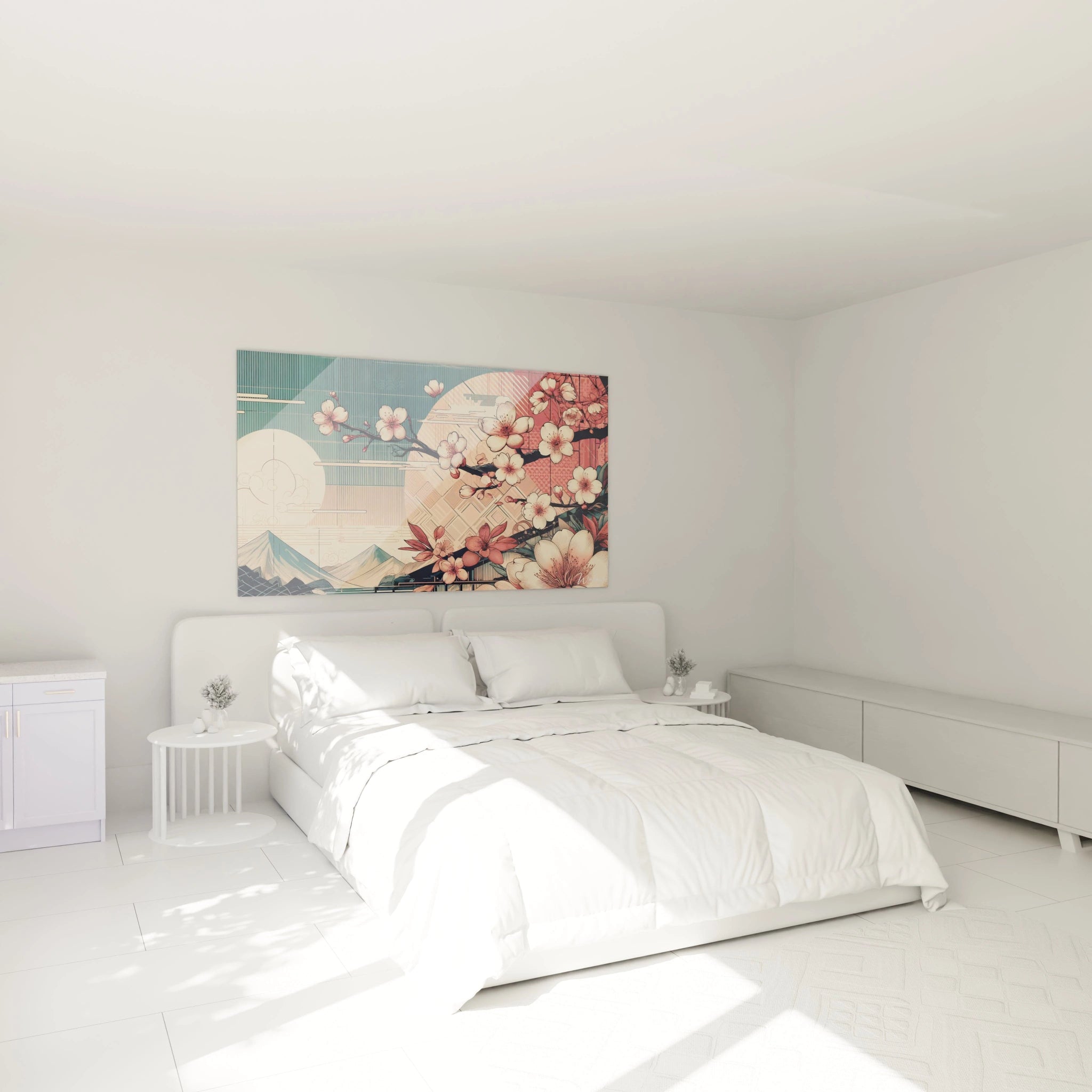 tableau asiatique dans une chambre à coucher au-dessus du lit évoquant une ambiance paisible avec des fleurs de cerisier roses et des montagnes inspirées des paysages japonais traditionnels

