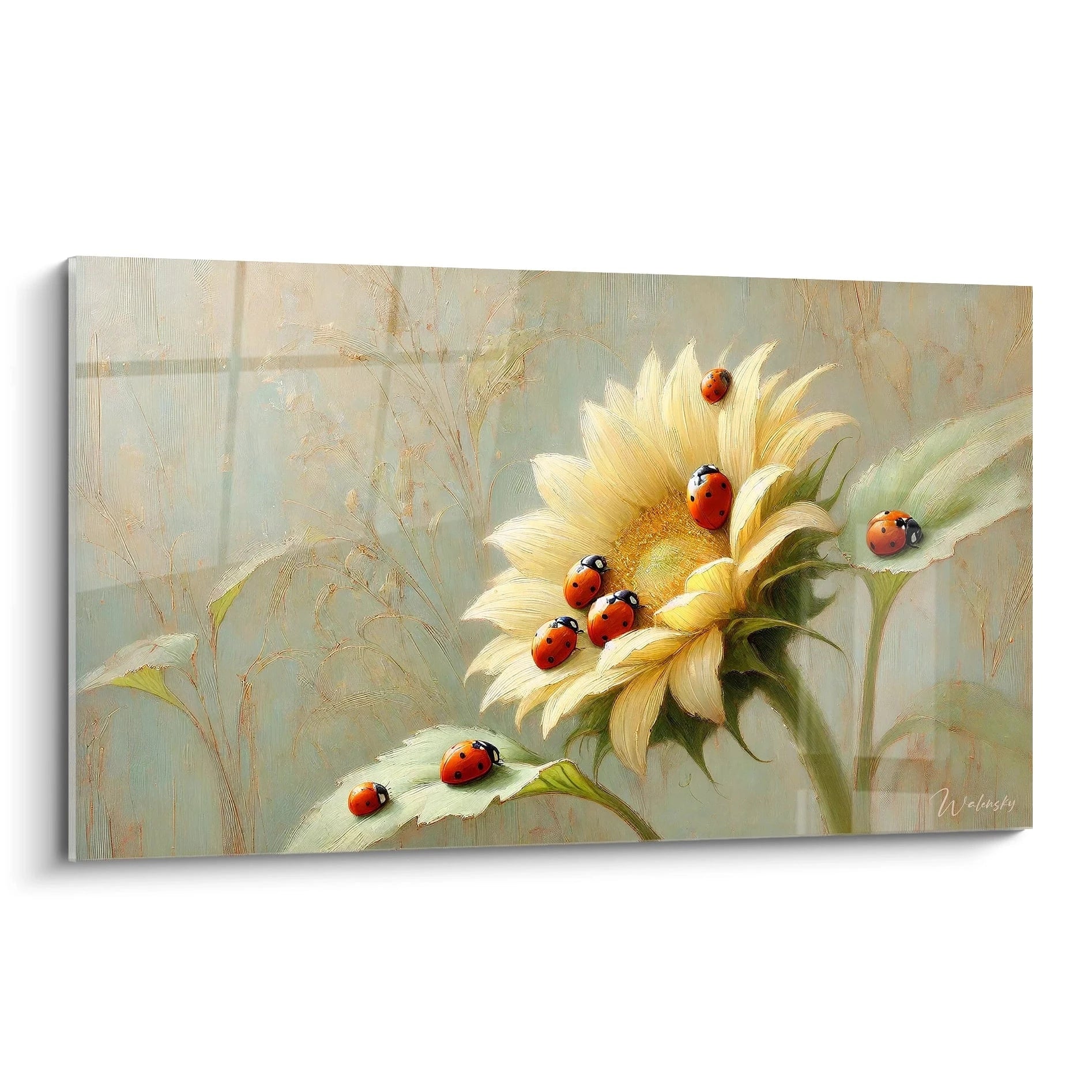 tableau coccinelle vue de biais ideal pour apporter une touche de nature et de vitalite a votre interieur grace a ses details fins et ses couleurs eclatantes de jaune et de rouge

