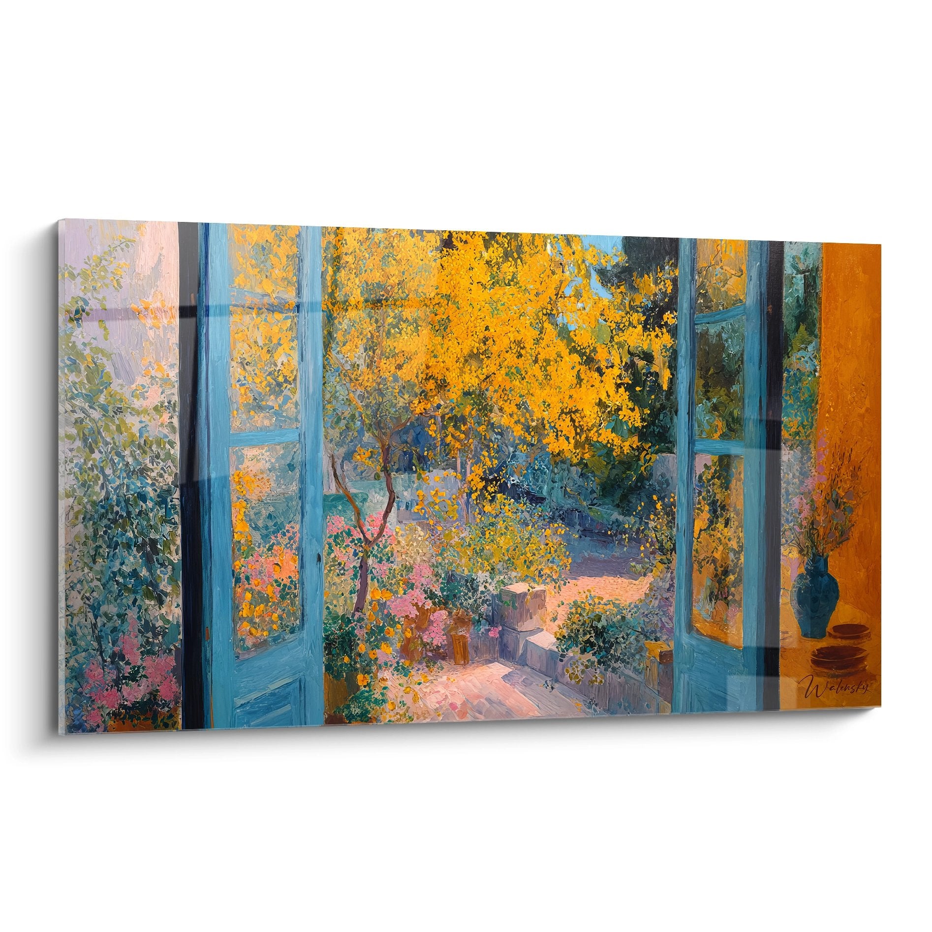 Tableau mural jardin fleuri automne vu depuis fenêtre bleue ouverte avec arbres dorés et fleurs colorées