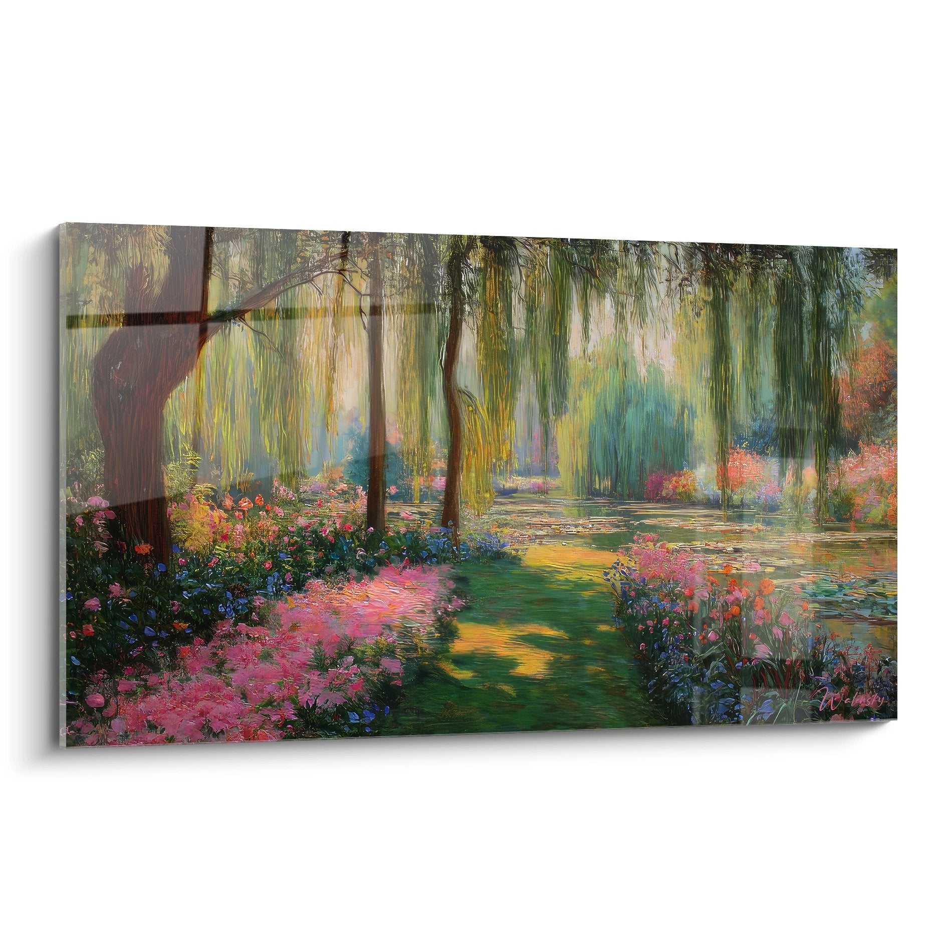 Tableau jardin impressionniste saules pleureurs étang fleuri art mural décoratif