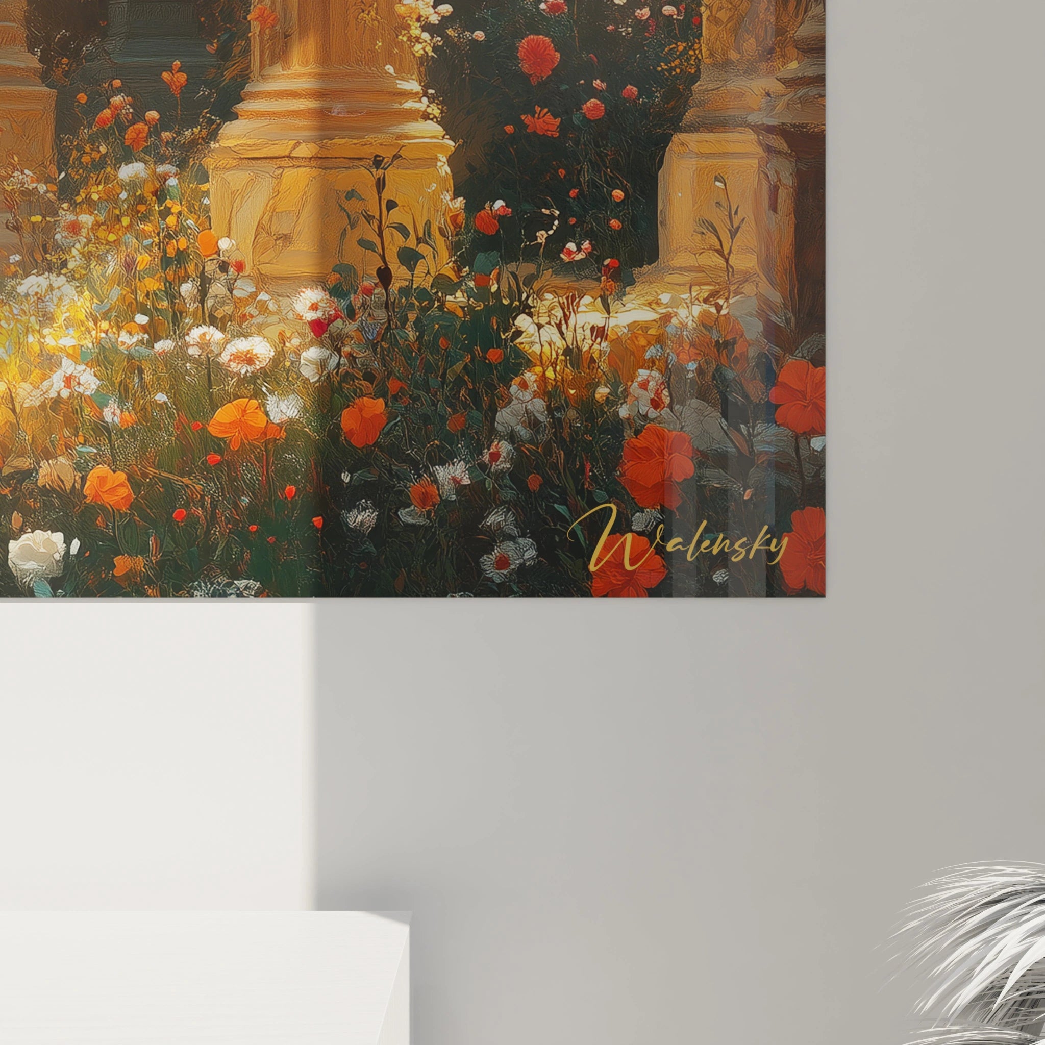 Tableau vestiges romains présentant des colonnes imposantes aux tons dorés encadrant un chemin fleuri, avec un jeu de lumière spectaculaire créant des rayons entre les piliers et illuminant un temple au loin dans une atmosphère mystique.
