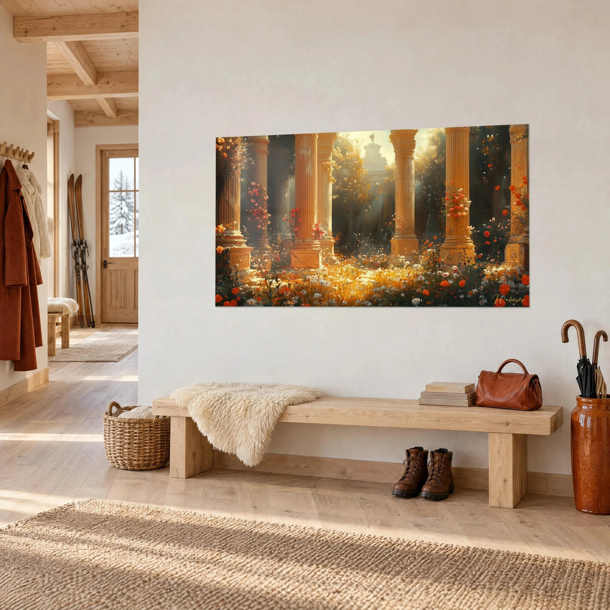 Gemälde Ruinengarten mit ockerfarbenen kannelierten Säulen, orangefarbene und weiße Blütenblätter im Licht, an einer weißen Chalet-Eingangswand