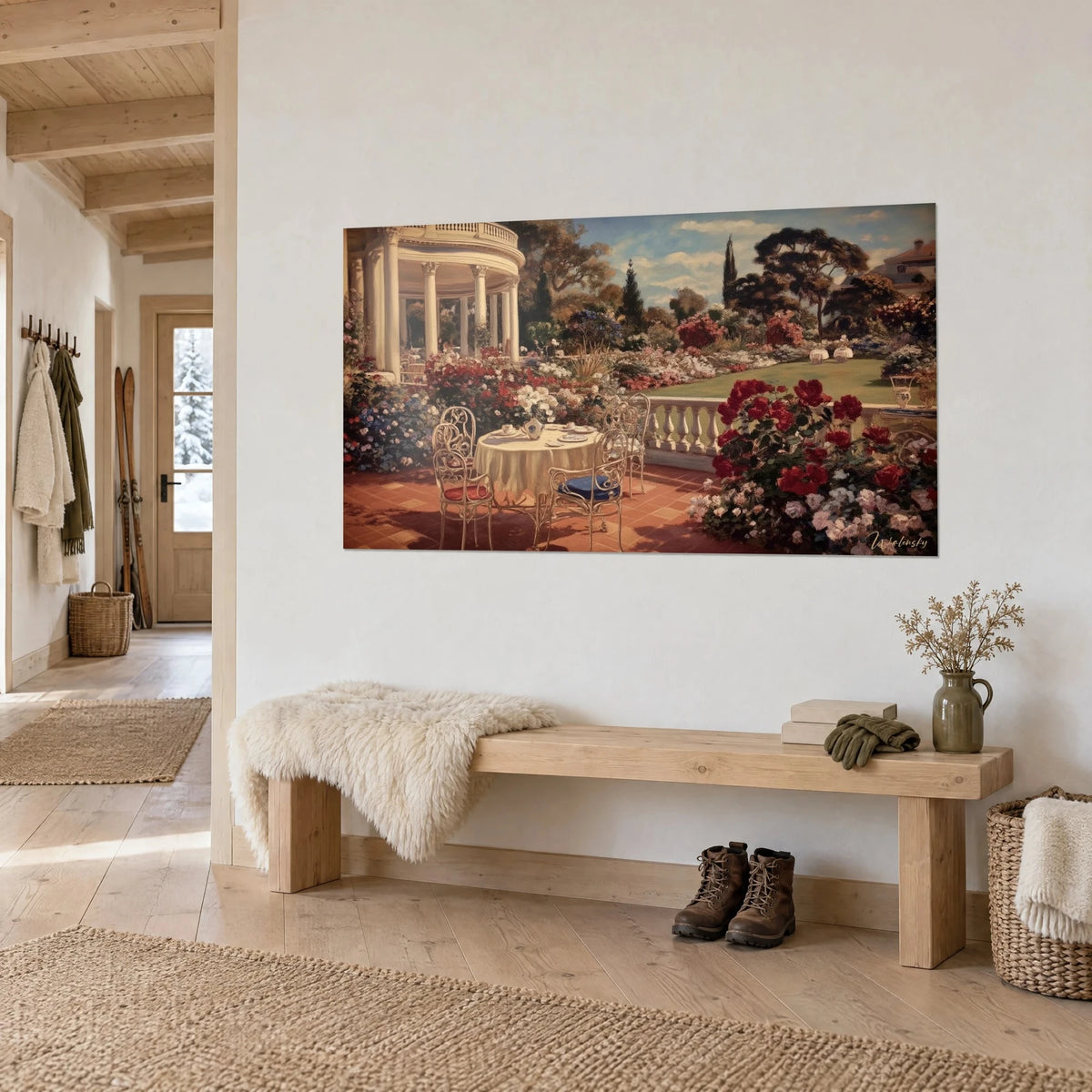 Wall art rotunda with white columns overlooking a bed of red roses and blue flowers, three-quarter view in a chalet