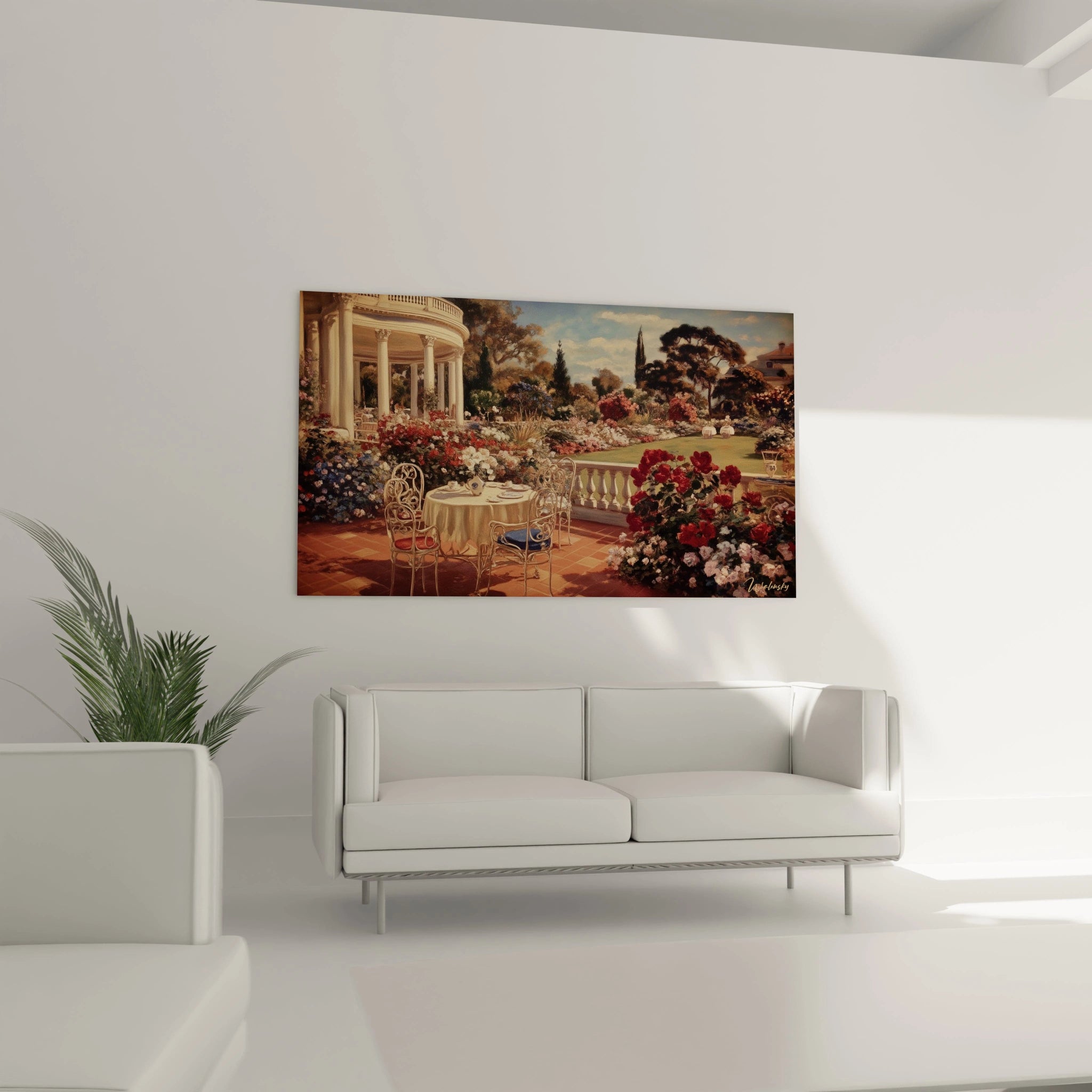 Walensky tableau mural jardin classique montrant terrasse fleurie, table et chaises en fer forgé, ambiance ensoleillée