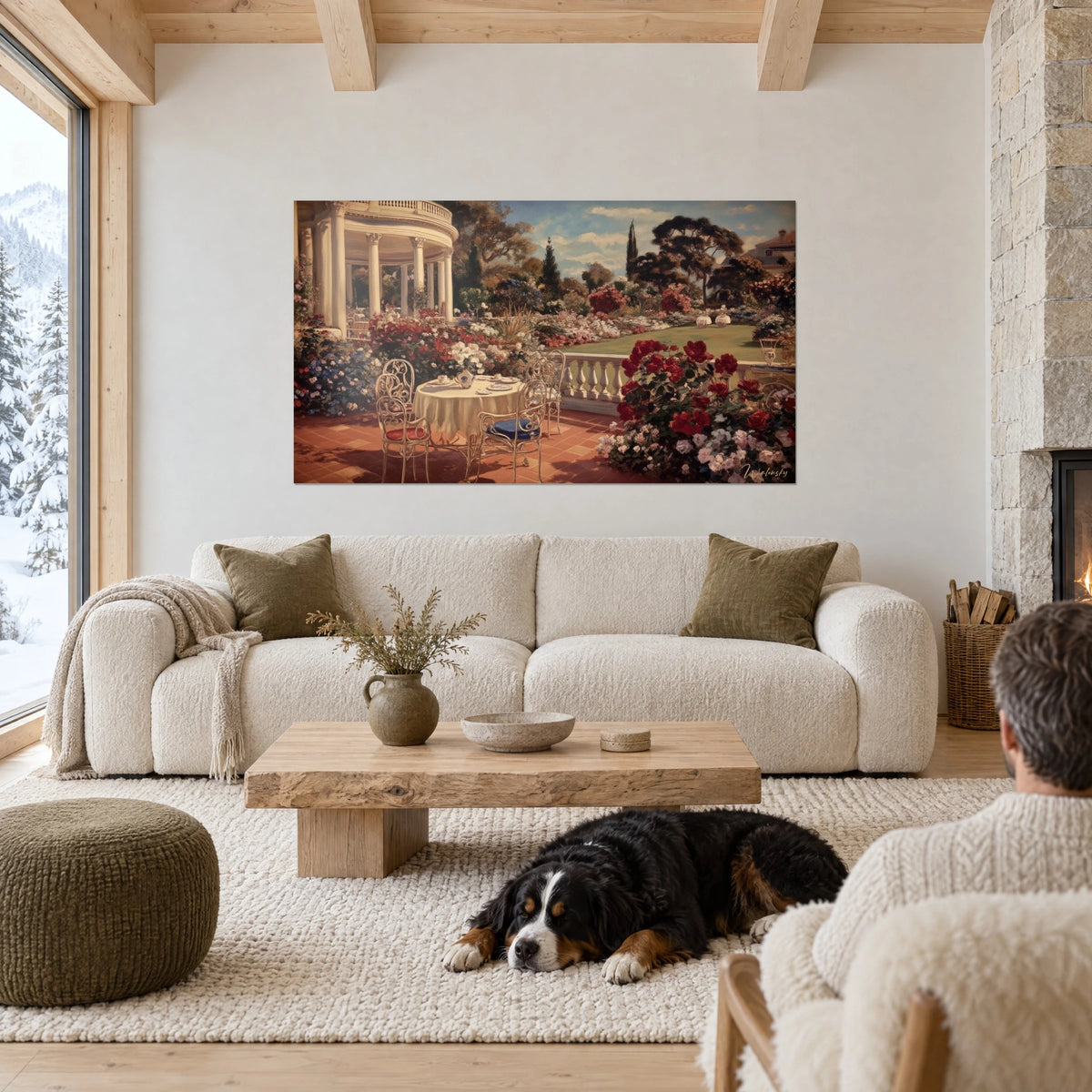 Gemälde Terrasse eines aristokratischen Gartens mit roten Rosen und gedecktem Tisch, schwarzer Hund liegend, über einem Sofa in einem lichtdurchfluteten Wohnzimmer