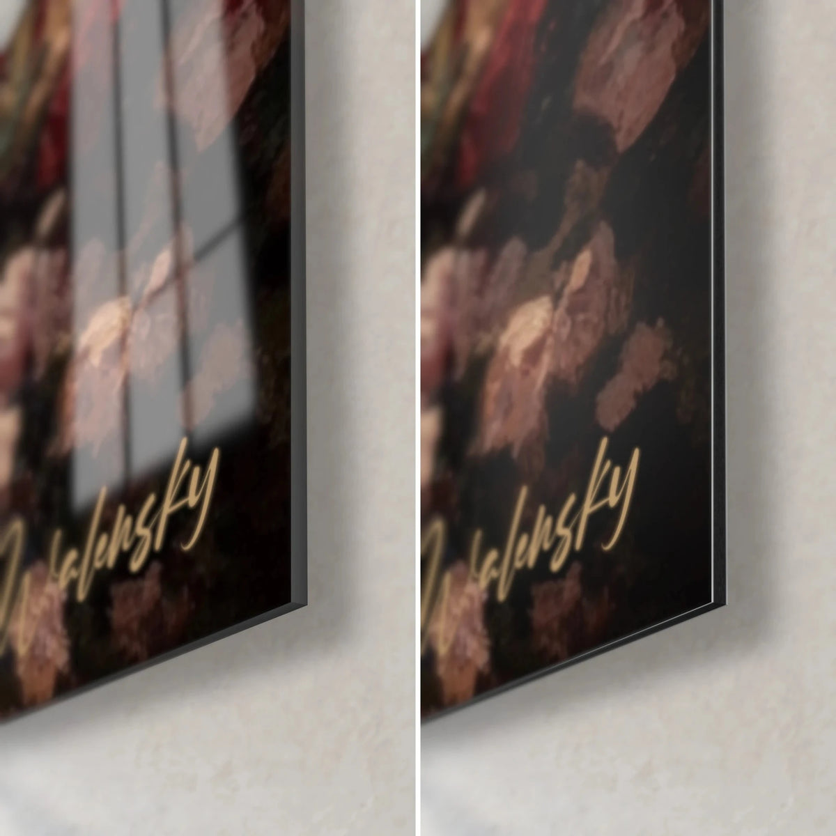 Wall art pale pink roses on a dark background, bottom right corner: glossy acrylic glass with reflections on the left, matte black Dibond on the right