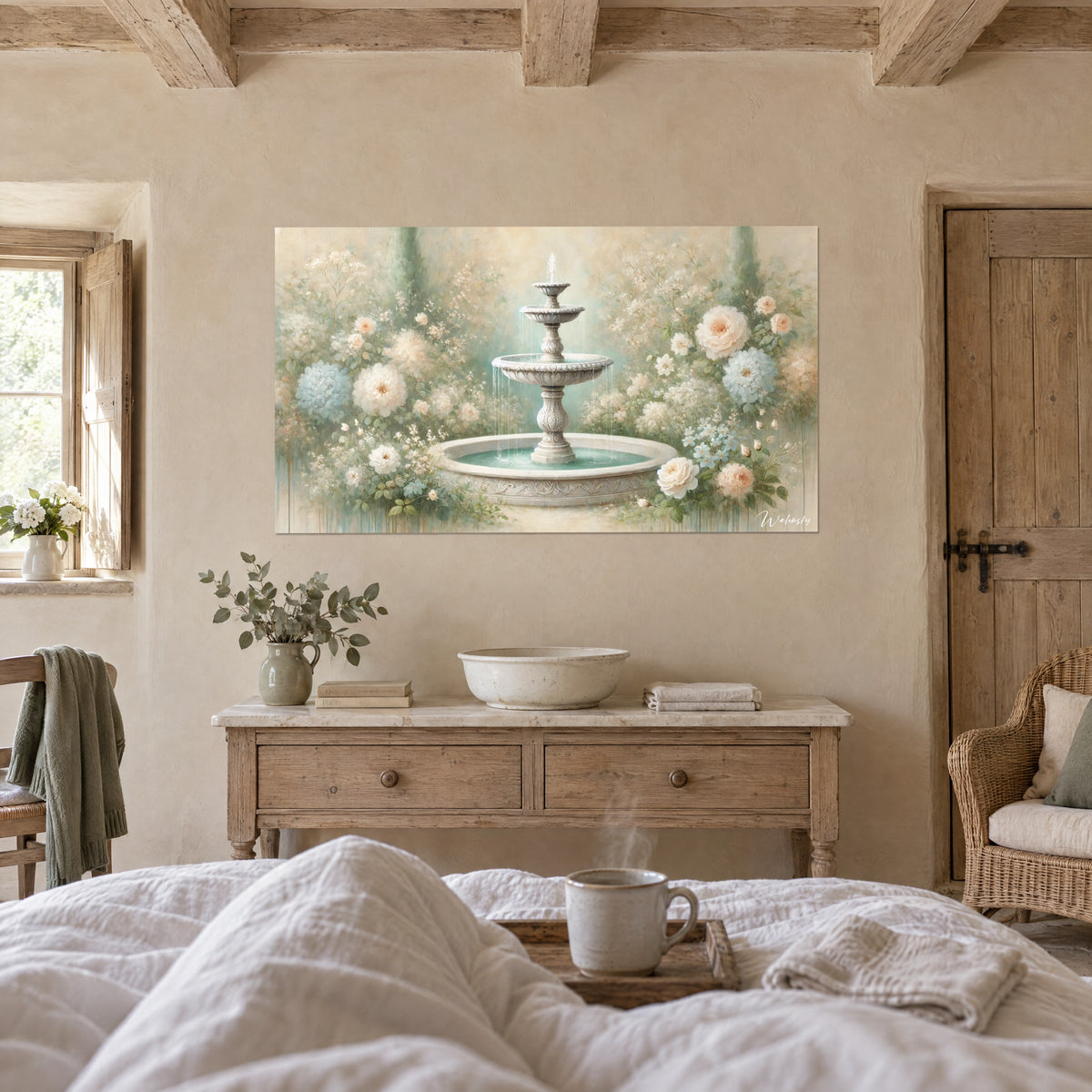 Tableau vasques de marbre blanc au jet fin, roses pêche et feuillage vert tendre, au-dessus d'un lit dans une chambre claire