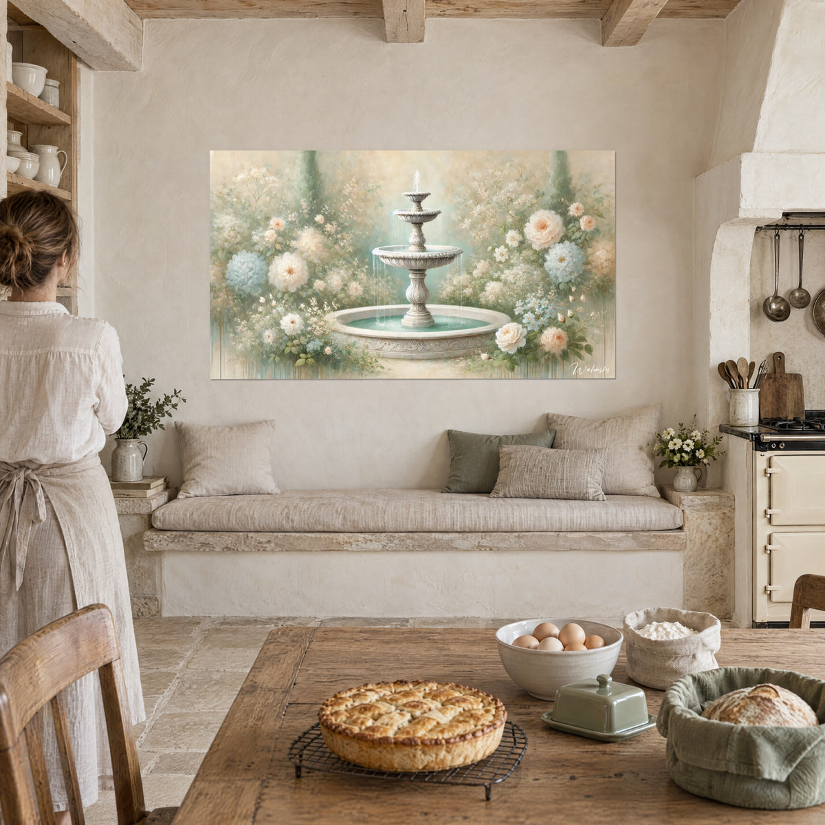 Tableau parterre de fleurs poudrées autour d'une fontaine ivoire, hortensias bleu ciel et pivoines crème, cuisine rustique en pierre