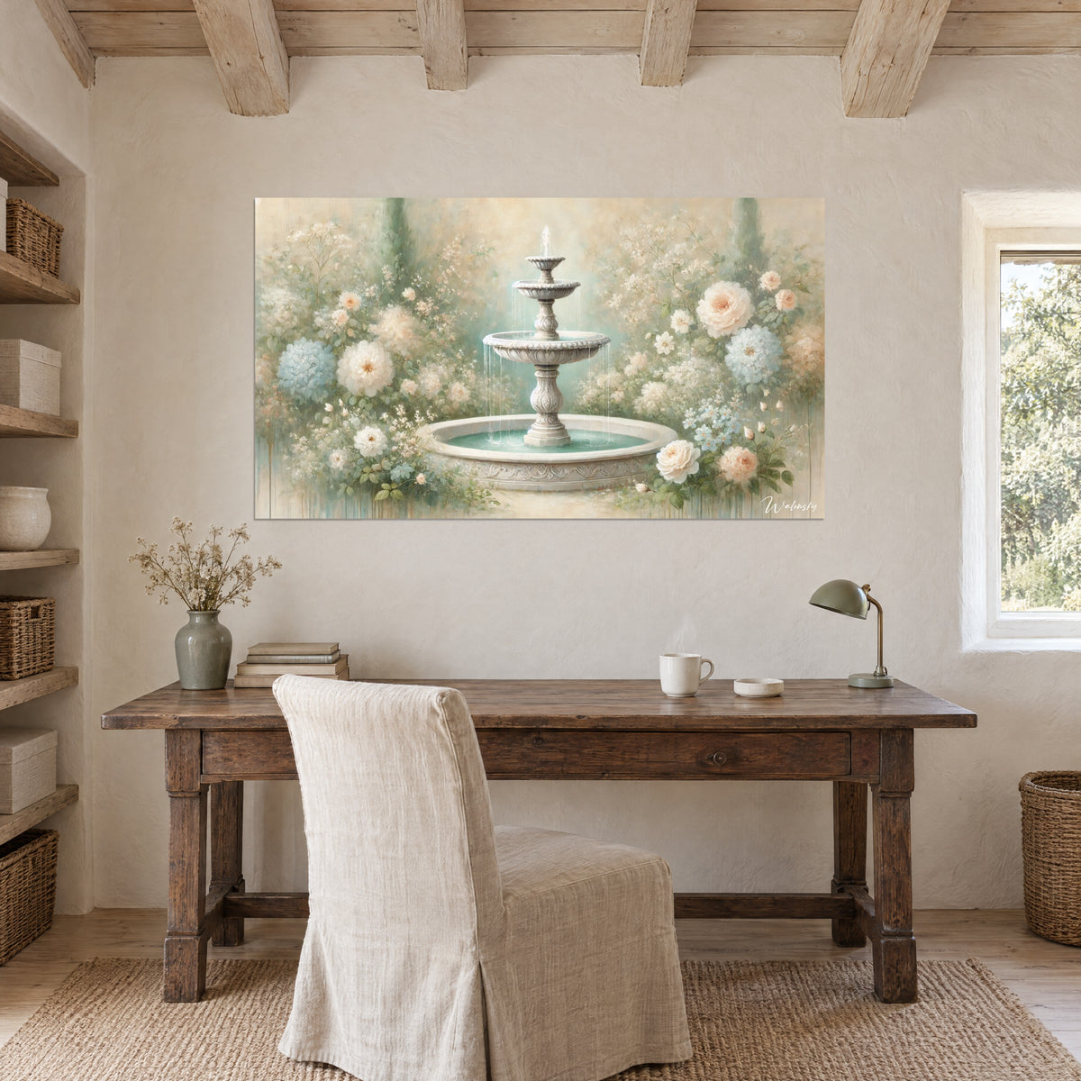 Tableau source en cascade sur fond beige doré, fleurs blanches et sauge, accroché au-dessus d'une table de bureau en chêne
