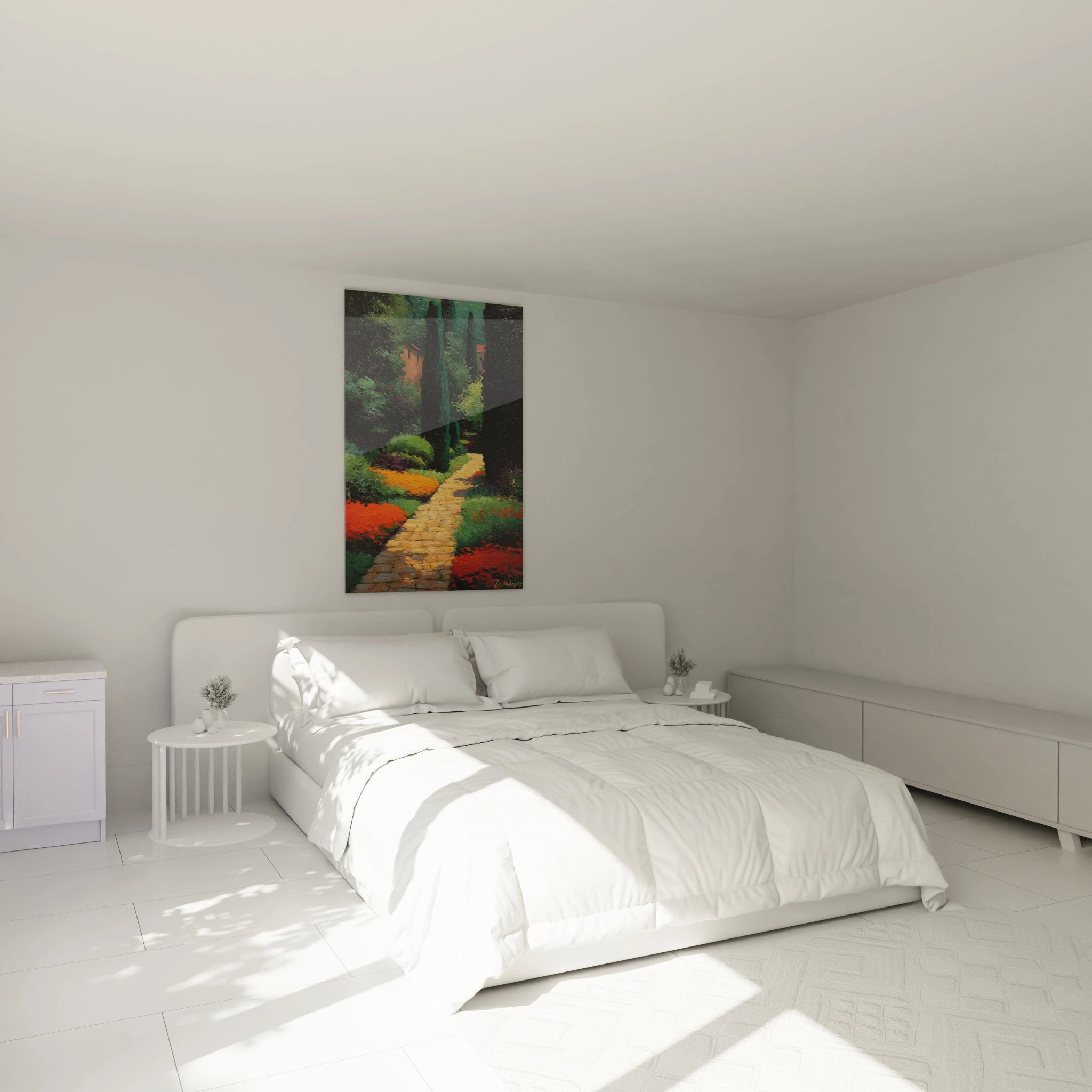 Tableau mural Walensky montrant un jardin aux couleurs vives en pointillisme accroché au dessus du lit tableau jardin pointillisme