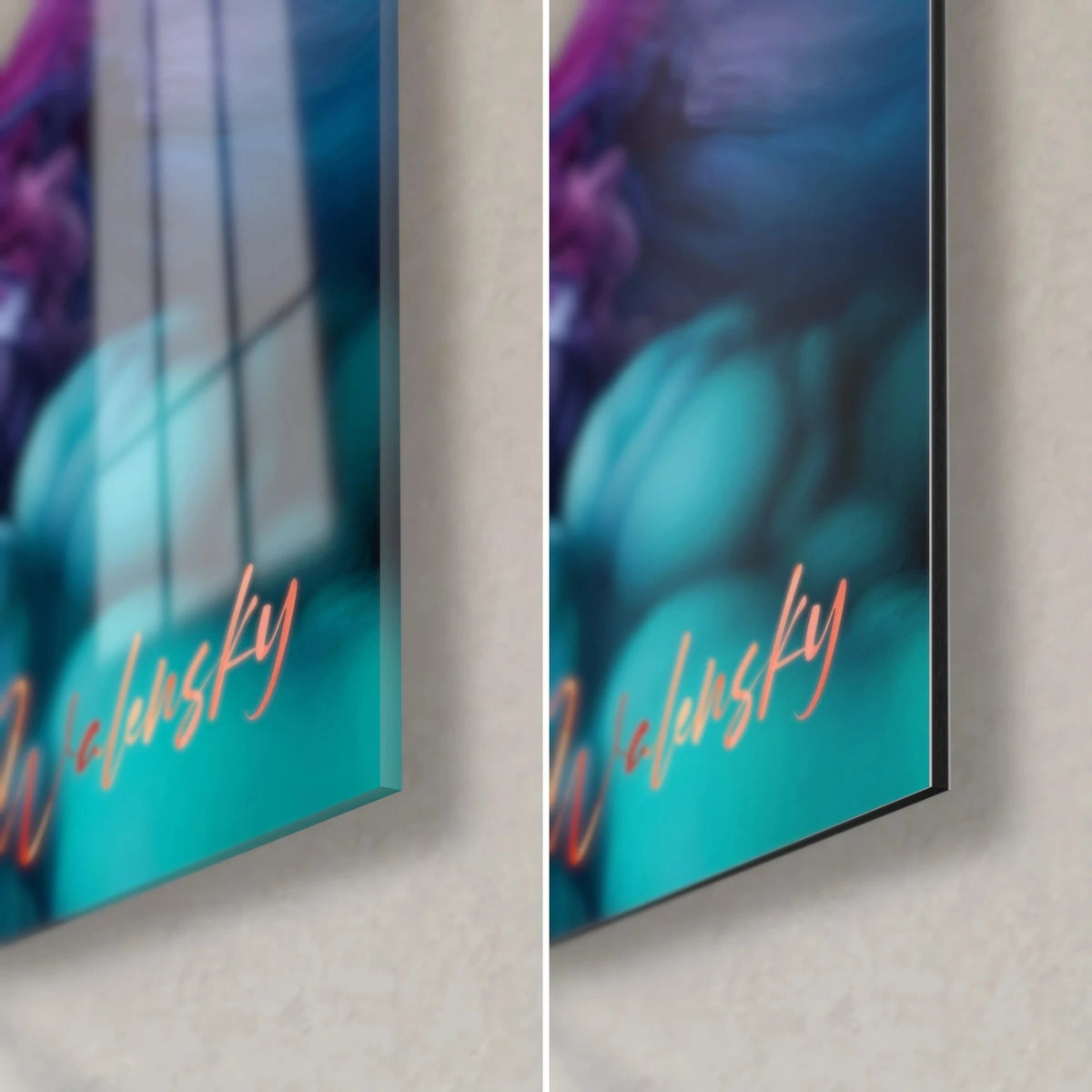Wall art swirls of cobalt blue and teal ink, bottom right corner in glossy glass and matte Dibond aluminum, 3 mm edge