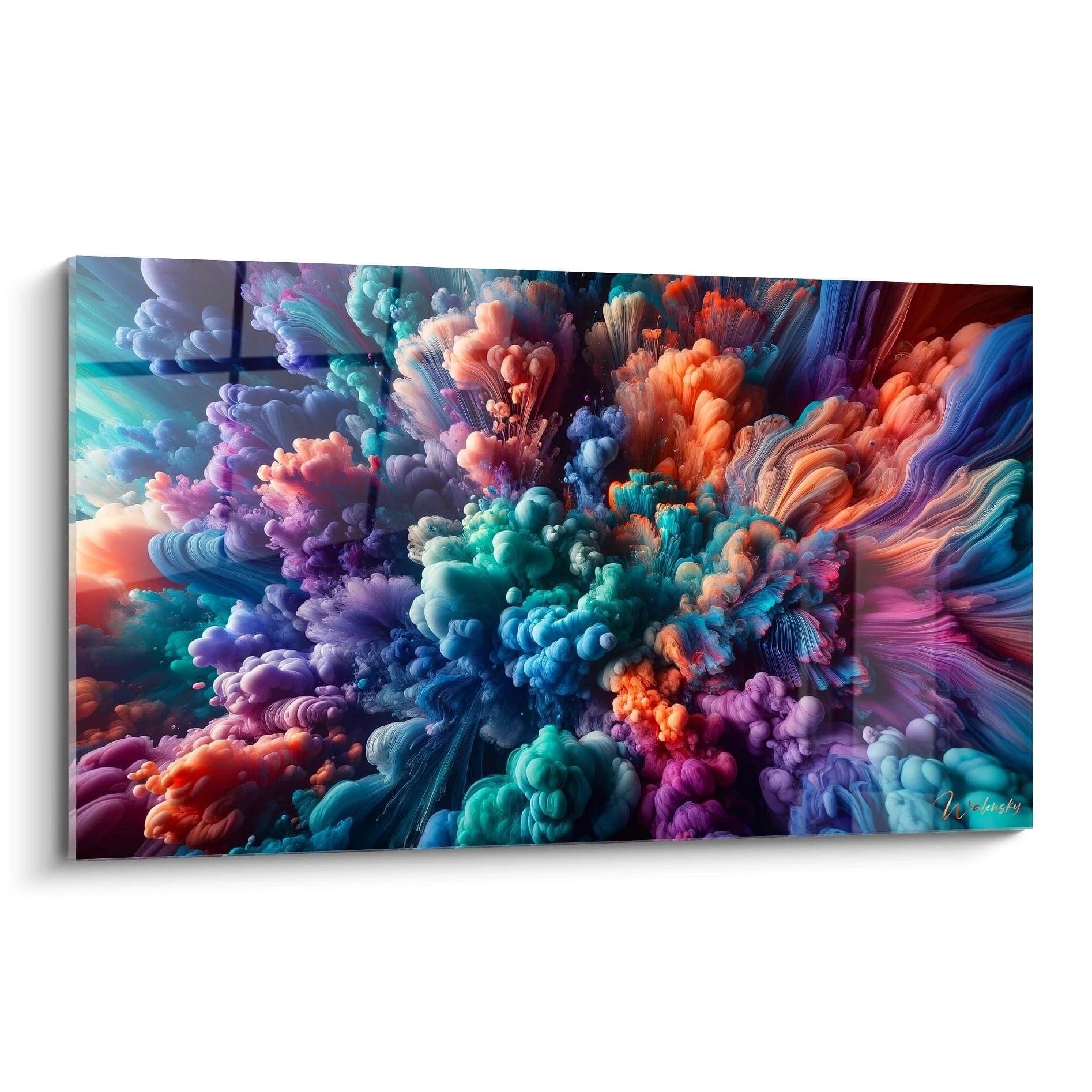 Tableau abstrait représentant des nuages colorés en expansion. Palette vibrante de turquoise, violet lavande, corail orangé et bleu profond. Texture volumineuse combinant formes bulbeuses et structures filamenteuses. Composition centrée sur des masses vaporeuses se déployant dans toutes les directions sur fond sombre.
