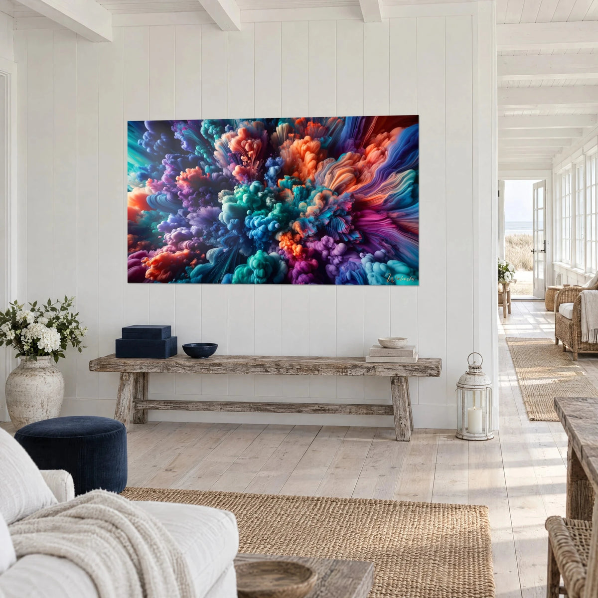 Wall art plumes of violet smoke and vibrant coral fanning out, three-quarter view above a raw wood console