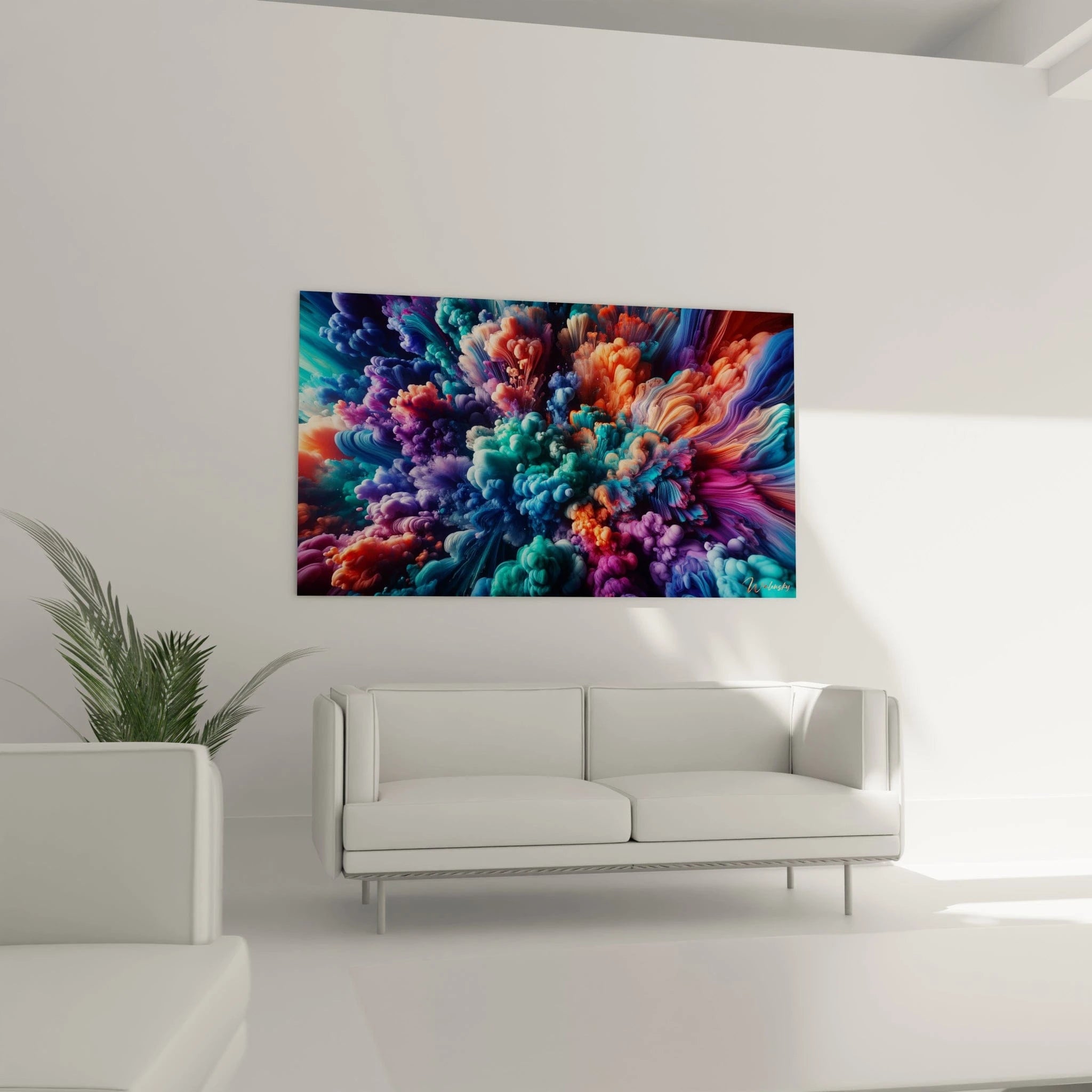 Tableau abstrait montrant des volutes de pigments diffusés dans un liquide. Spectre chromatique de bleu turquoise, violet pourpre, pêche et bleu cobalt. Effet visuel de fluides en suspension avec formes arrondies et traînées directionnelles. Composition rayonnante avec masses colorées se déployant depuis le centre vers les bords de l'image.
