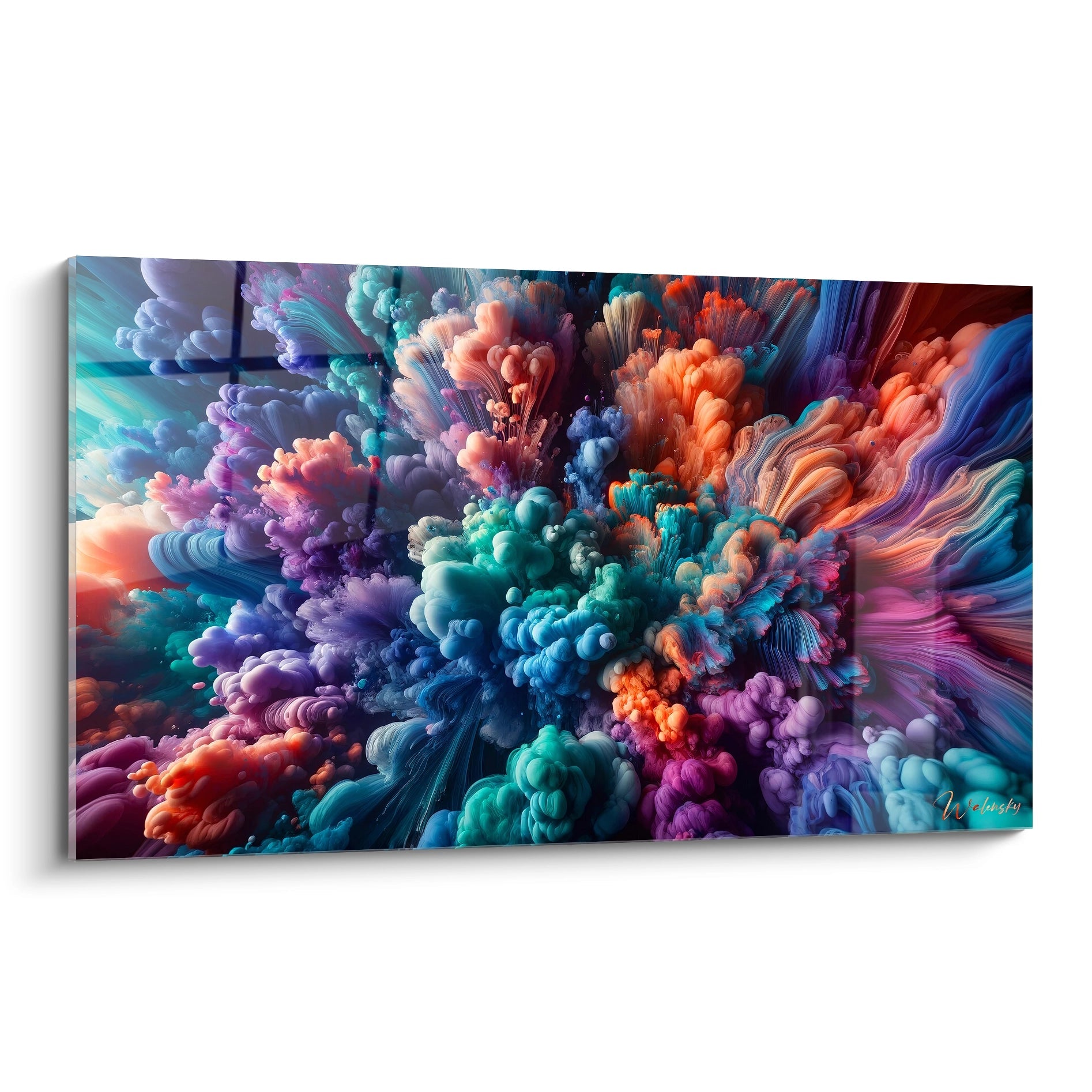 Tableau abstrait représentant des nuages colorés en expansion. Palette vibrante de turquoise, violet lavande, corail orangé et bleu profond. Texture volumineuse combinant formes bulbeuses et structures filamenteuses. Composition centrée sur des masses vaporeuses se déployant dans toutes les directions sur fond sombre.
