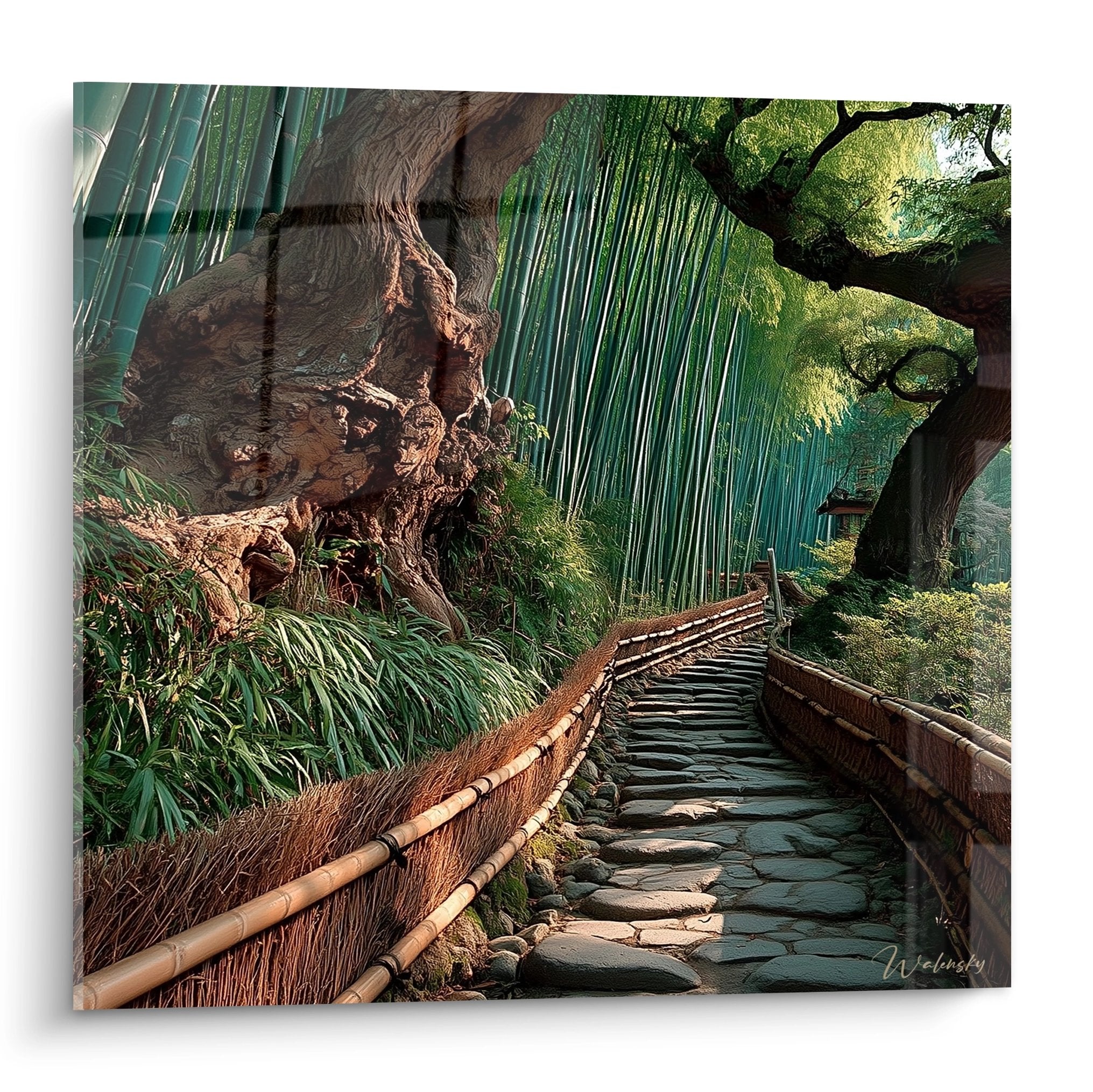 Tableau jardin zen bambou cascade avec sentier pierre et végétation luxuriante ambiance mystique