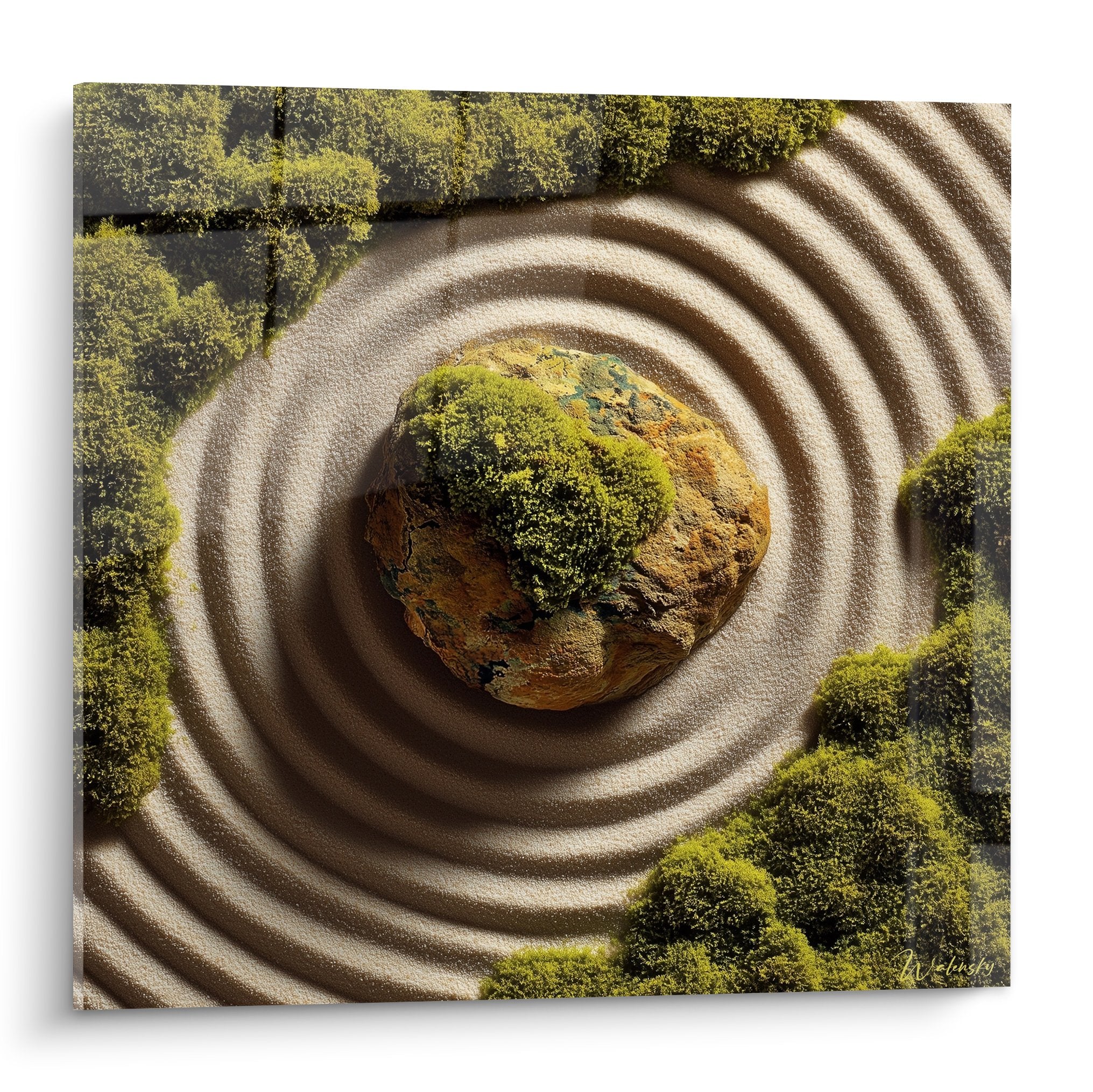 tableau jardin zen pierre mousse verte cercles concentriques sable beige meditation naturelle