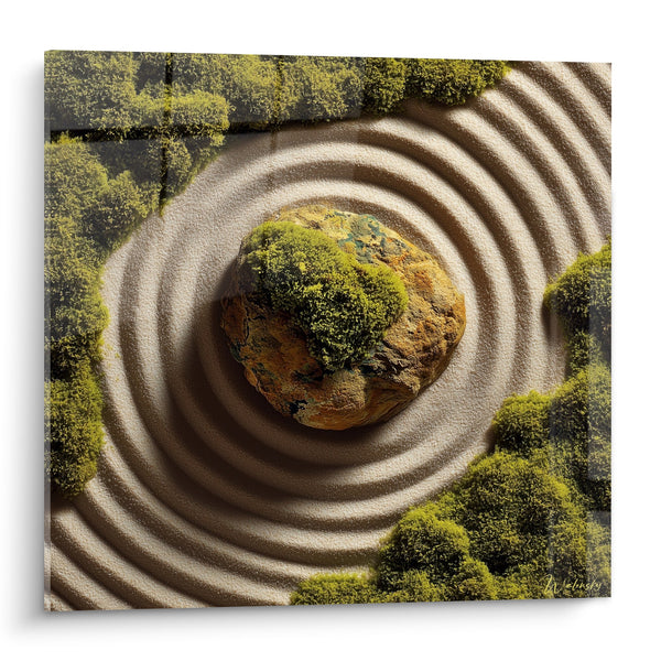 Tafereel Zen Tuin met Mossteen en Concentrische Cirkels van Beige Zand - Mineraal Meditatie - Editie Zand