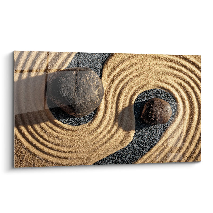 Tableau Jardin Zen avec Pierres et Motifs Circulaires dans le Sable - Méditation Minérale - Edition Sable