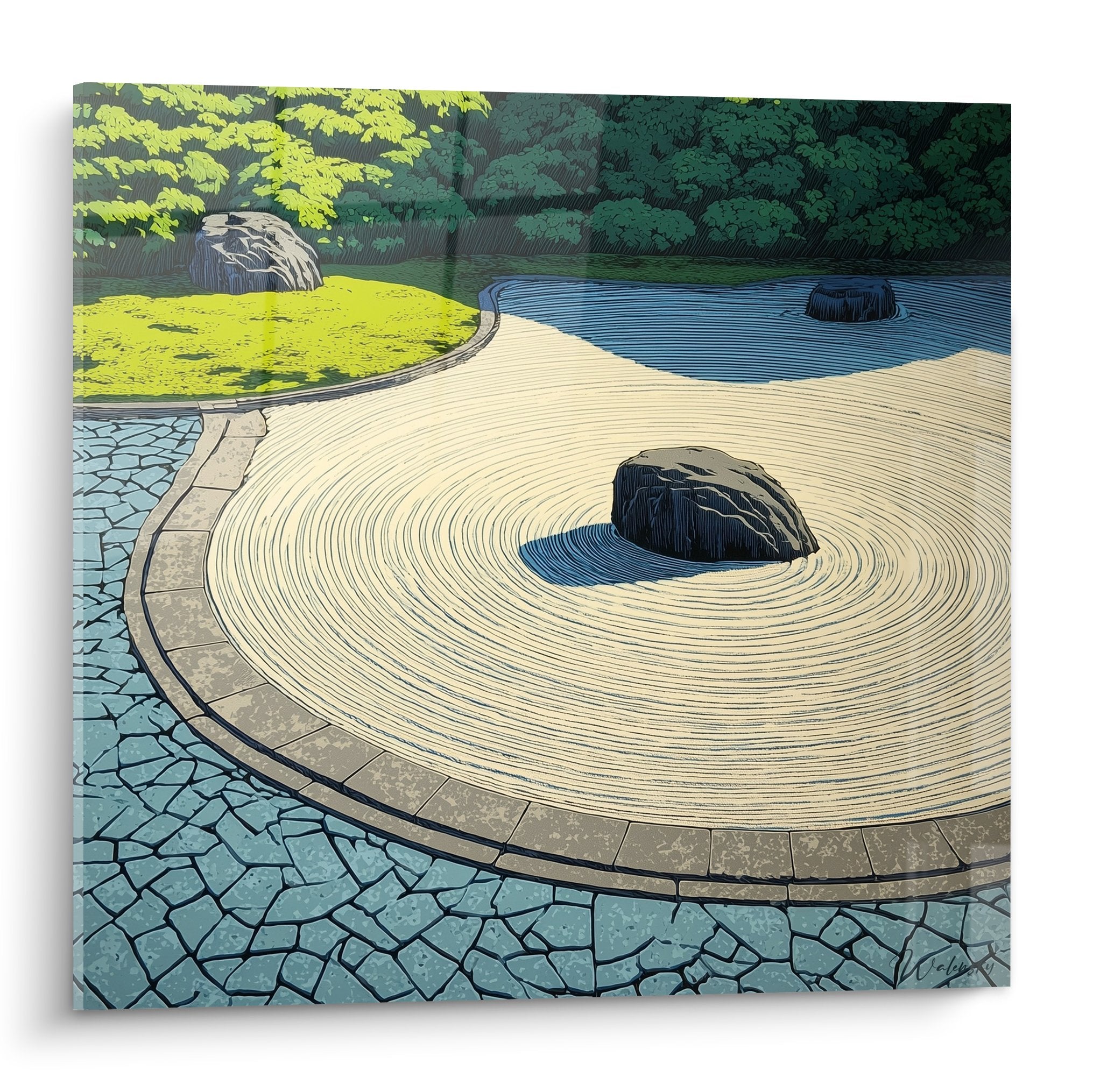 Tableau jardin zen avec sable ratisse en cercles motifs geometriques pierres sombres bassin bleu vegetation
