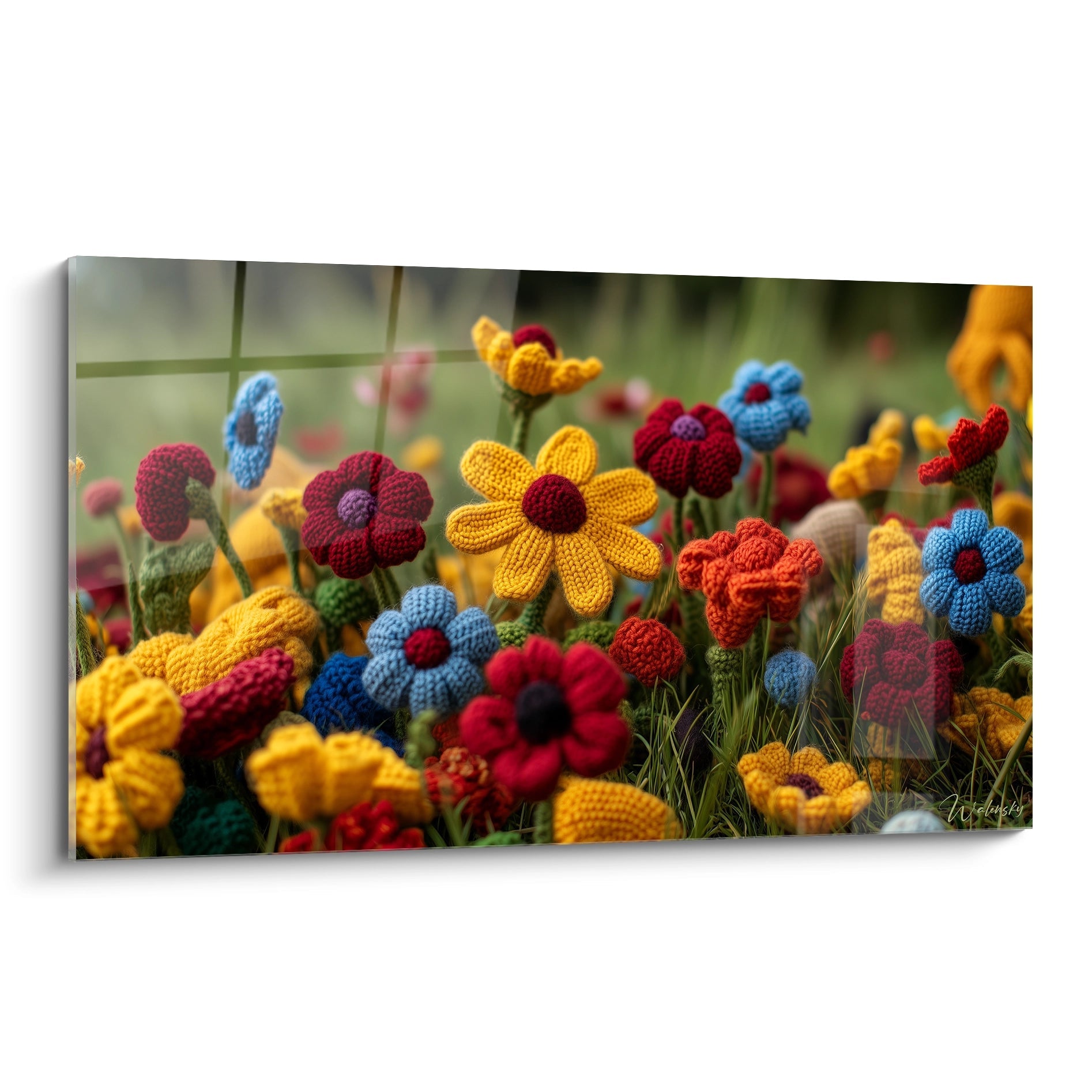 Un tableau crochet fleurs présentant un assemblage dense de fleurs artisanales en laine, avec des marguerites jaunes, des fleurs rouges et bleues aux textures tridimensionnelles, toutes méticuleusement tricotées avec des tiges vertes sur fond naturel flou.
