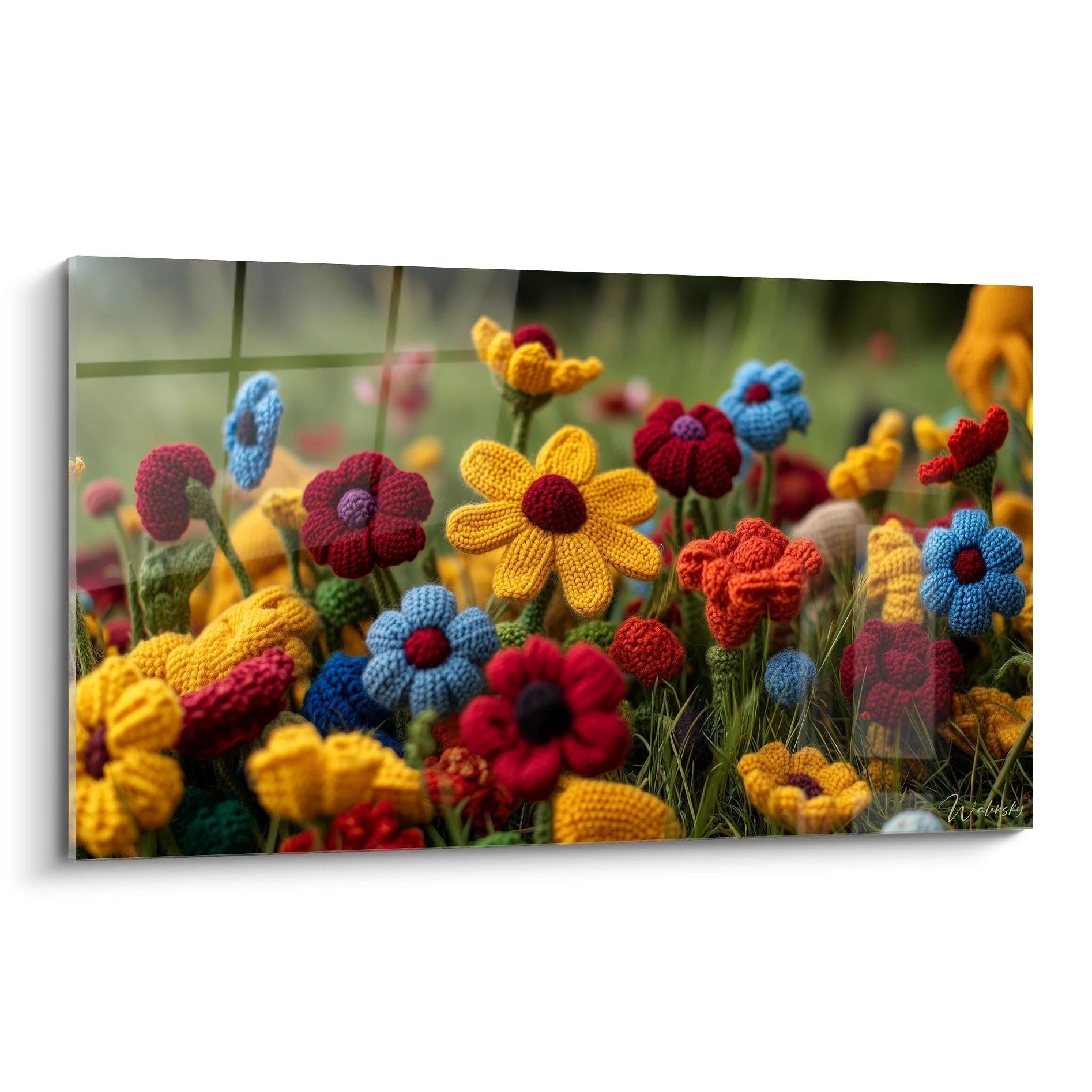Un tableau crochet fleurs présentant un assemblage dense de fleurs artisanales en laine, avec des marguerites jaunes, des fleurs rouges et bleues aux textures tridimensionnelles, toutes méticuleusement tricotées avec des tiges vertes sur fond naturel flou.
