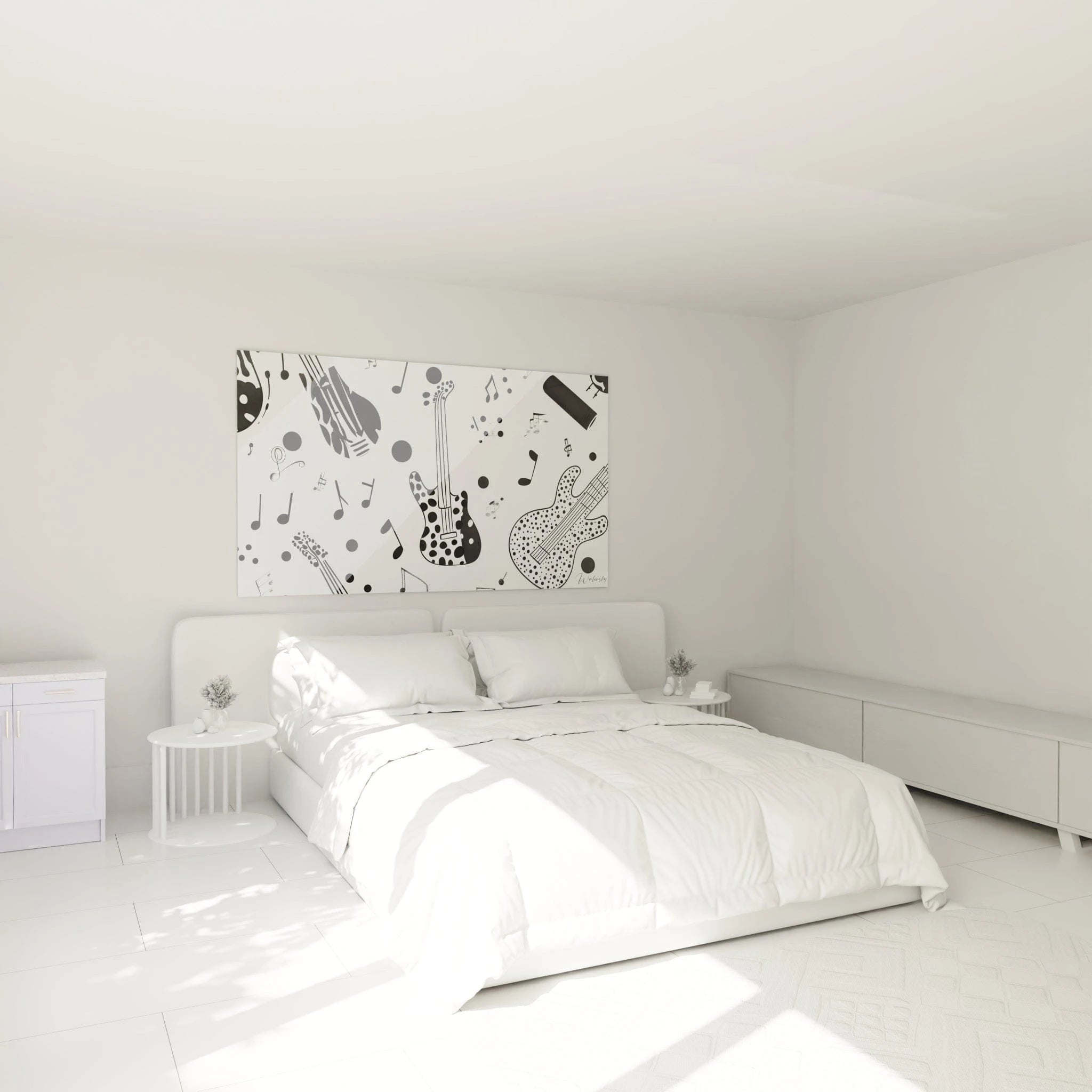 Tableau musique noir et blanc avec guitares et notes de musique pour décoration intérieure moderne
