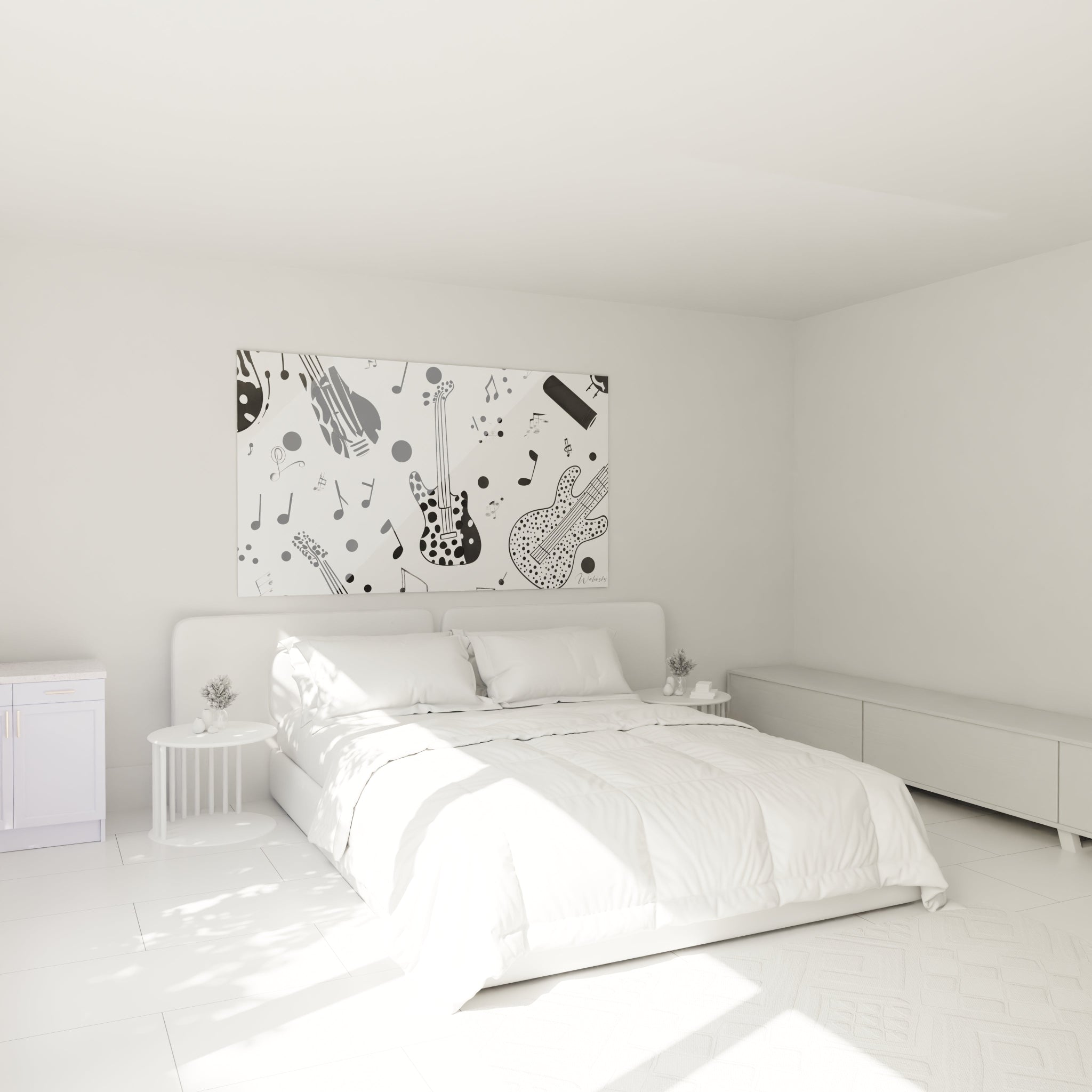 Tableau musique noir et blanc avec guitares et notes de musique pour décoration intérieure moderne
