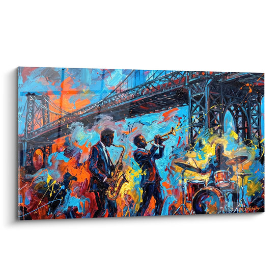 Cuadro Músicos de Jazz Expresionista Colores Vivas Puente de Metal - Ritmos Urbanos - Edición Brooklyn