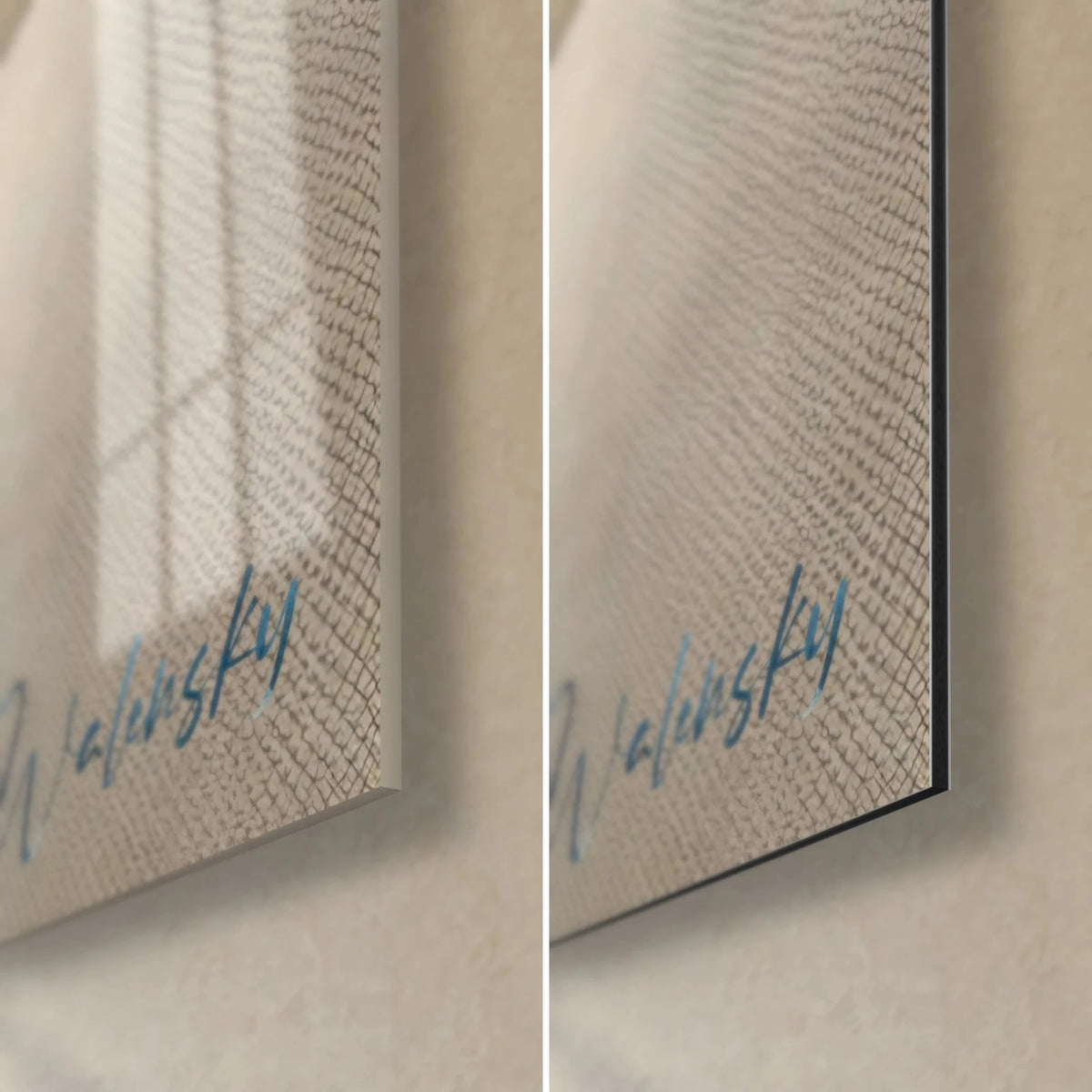 Quadro suonatore di sax in acquerello blu e oro, angolo inferiore destro in vetro lucido e Dibond opaco, spessore 3 mm