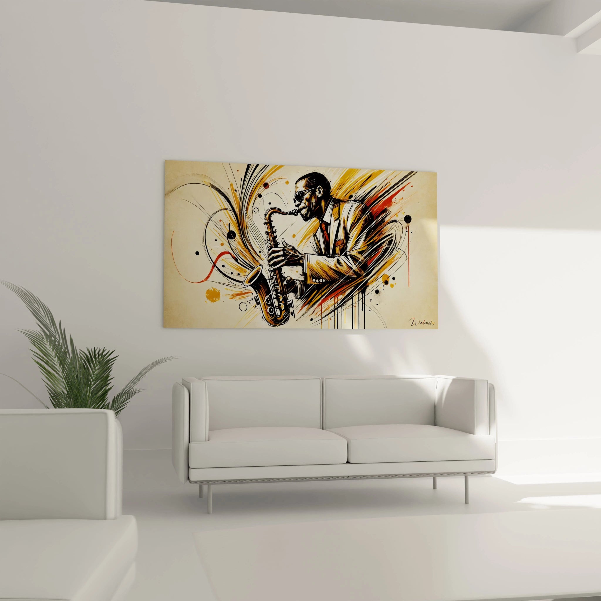 Un tableau musique abstrait vibrant, suspendu dans un salon moderne, mettant en avant un saxophoniste captivant.
