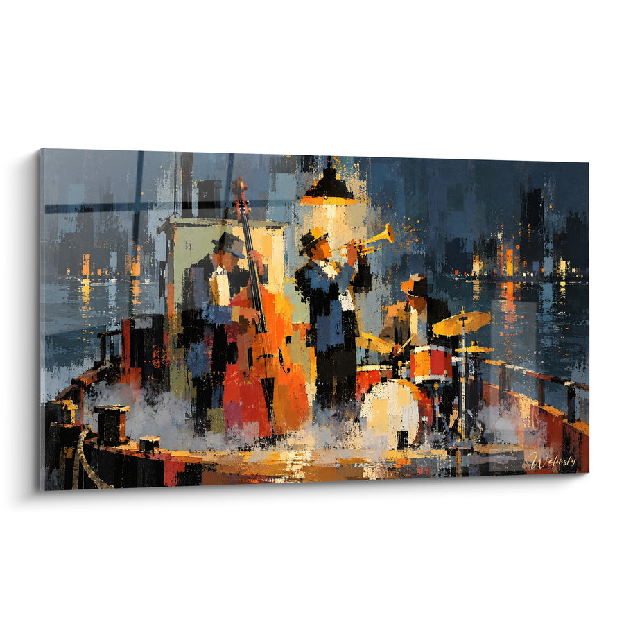 Tableau Musiciens sur un quai bleu nocturne - Concert au bord de l'eau - Edition Jazz