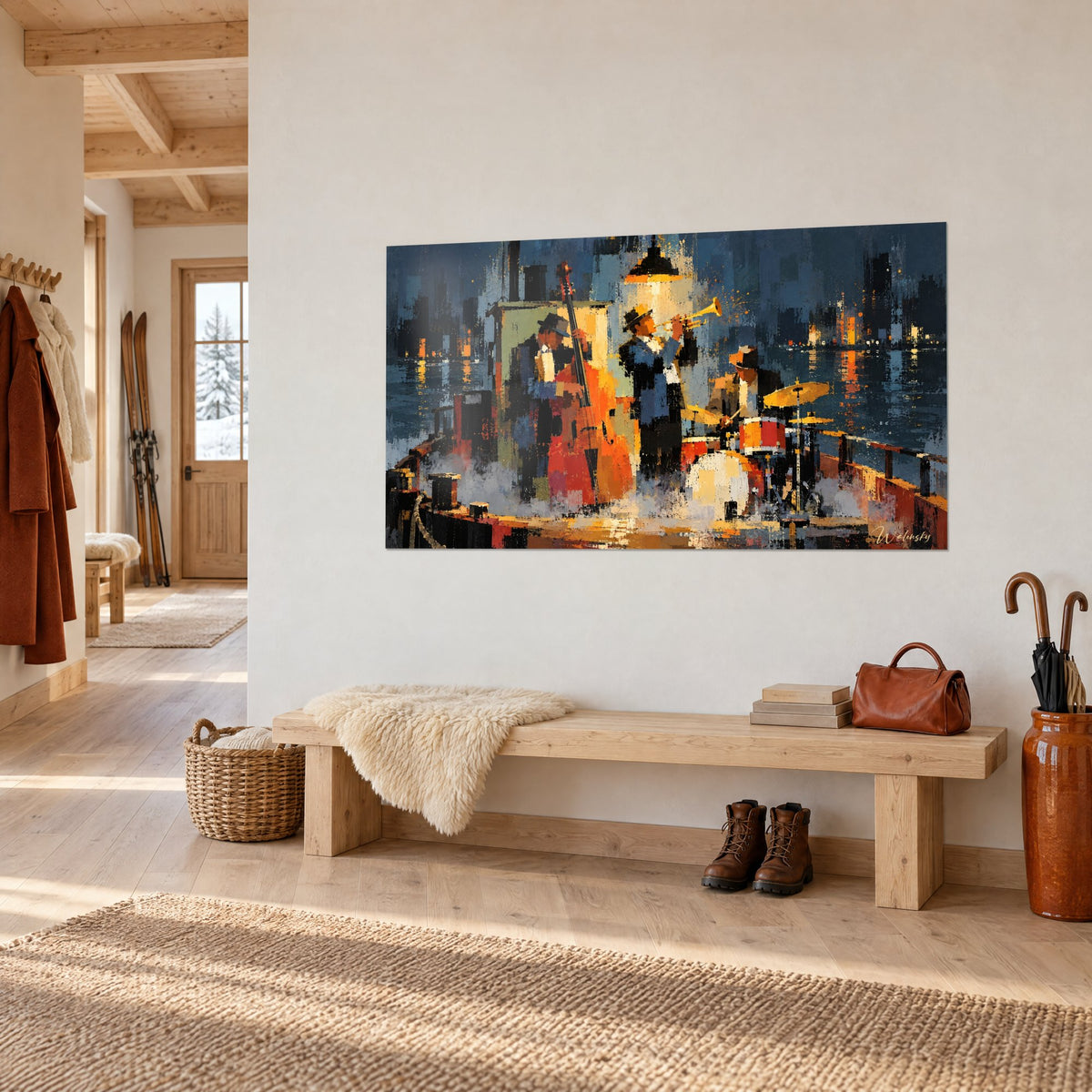 Tableau trio de jazz sur un quai, fumée blanche, reflets ambre sur l'eau sombre, vue de trois-quarts près d'un banc en bois